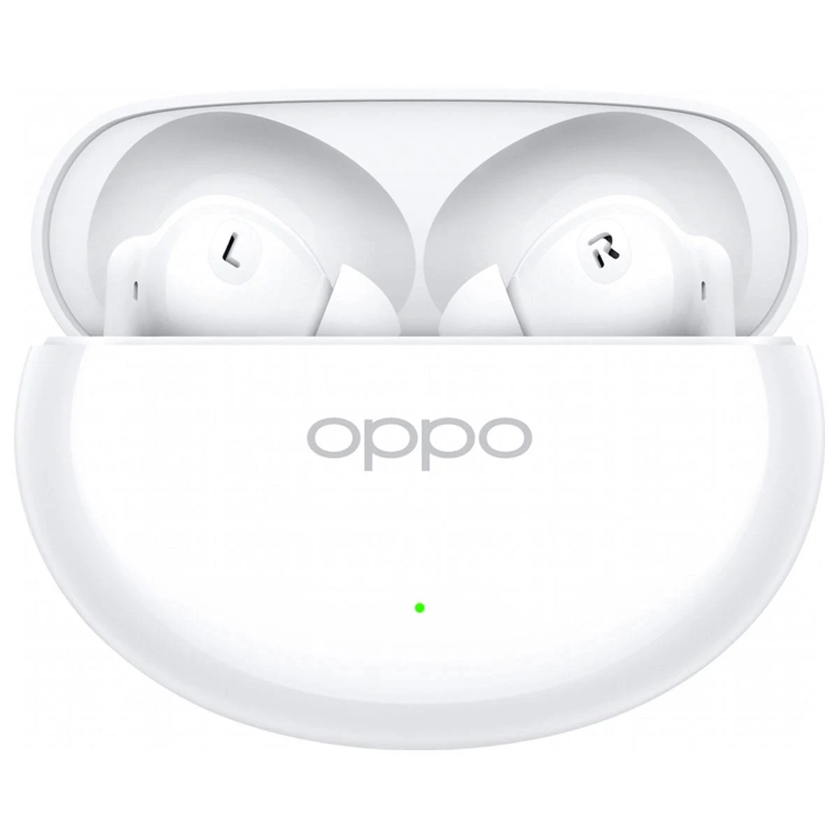 Weiße Oppo-Ohrhörer mit Ladecase und grünem Licht.