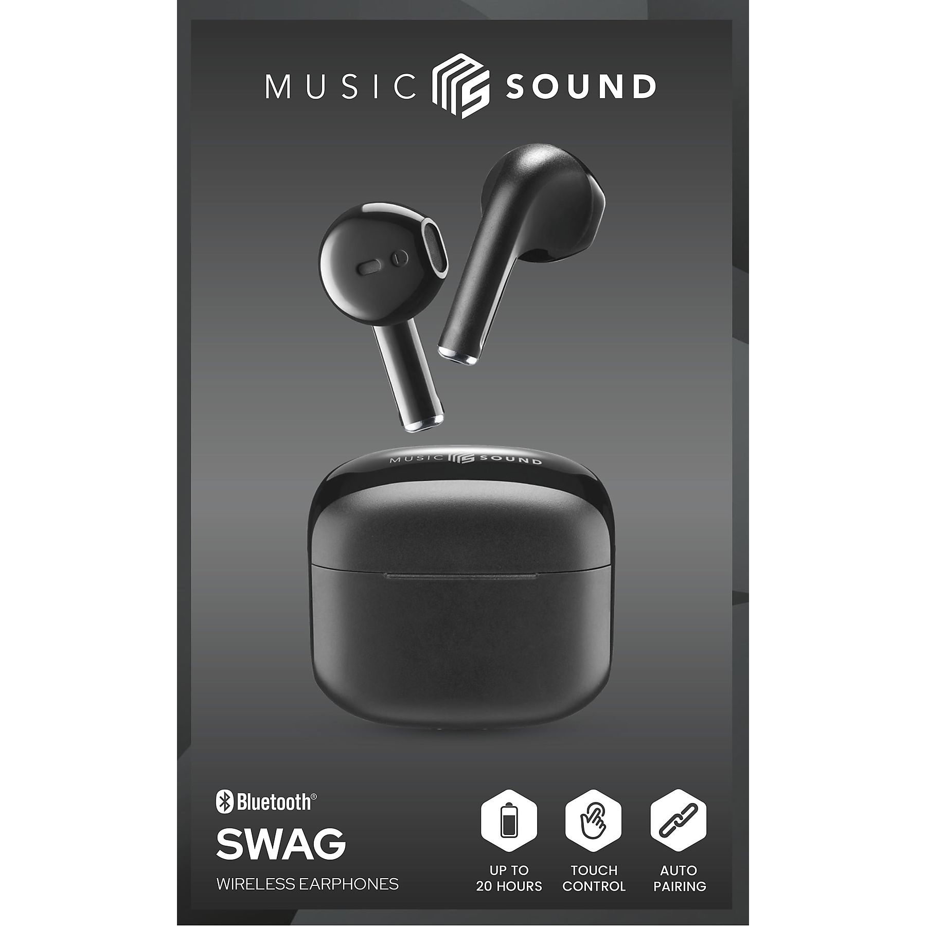 Schwarze kabellose Ohrhörer mit Ladecase und 'Music Sound'-Logo.