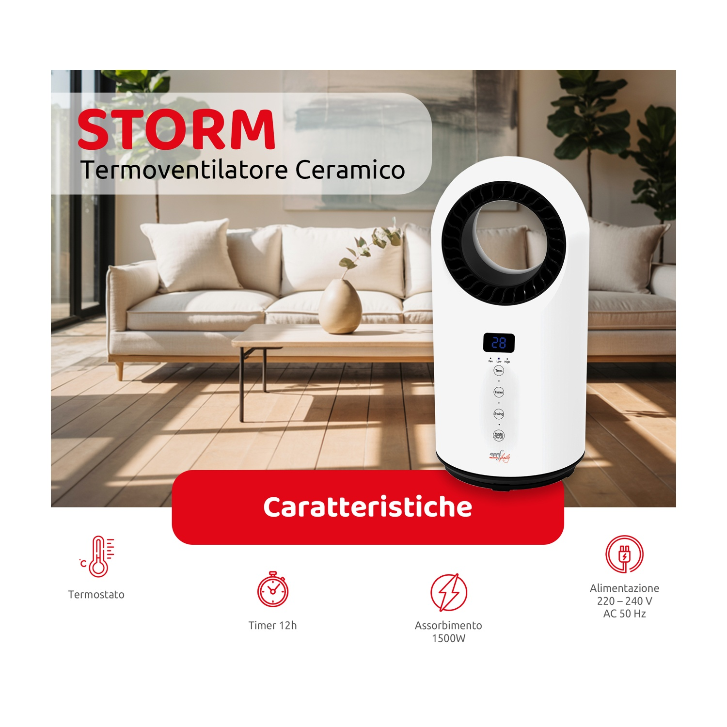 Ein weißer Keramik-Heizer steht neben einem Sofa im Wohnzimmer. Merkmale: Thermostat, 12h Timer, 1500W.