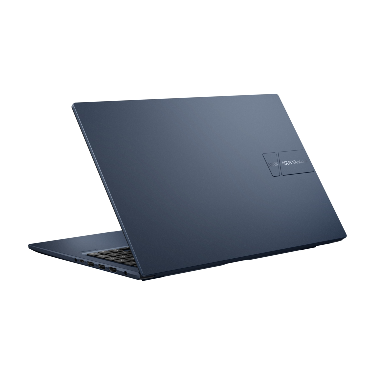 Un laptop chiuso, blu scuro con logo ASUS Vivobook sul coperchio.