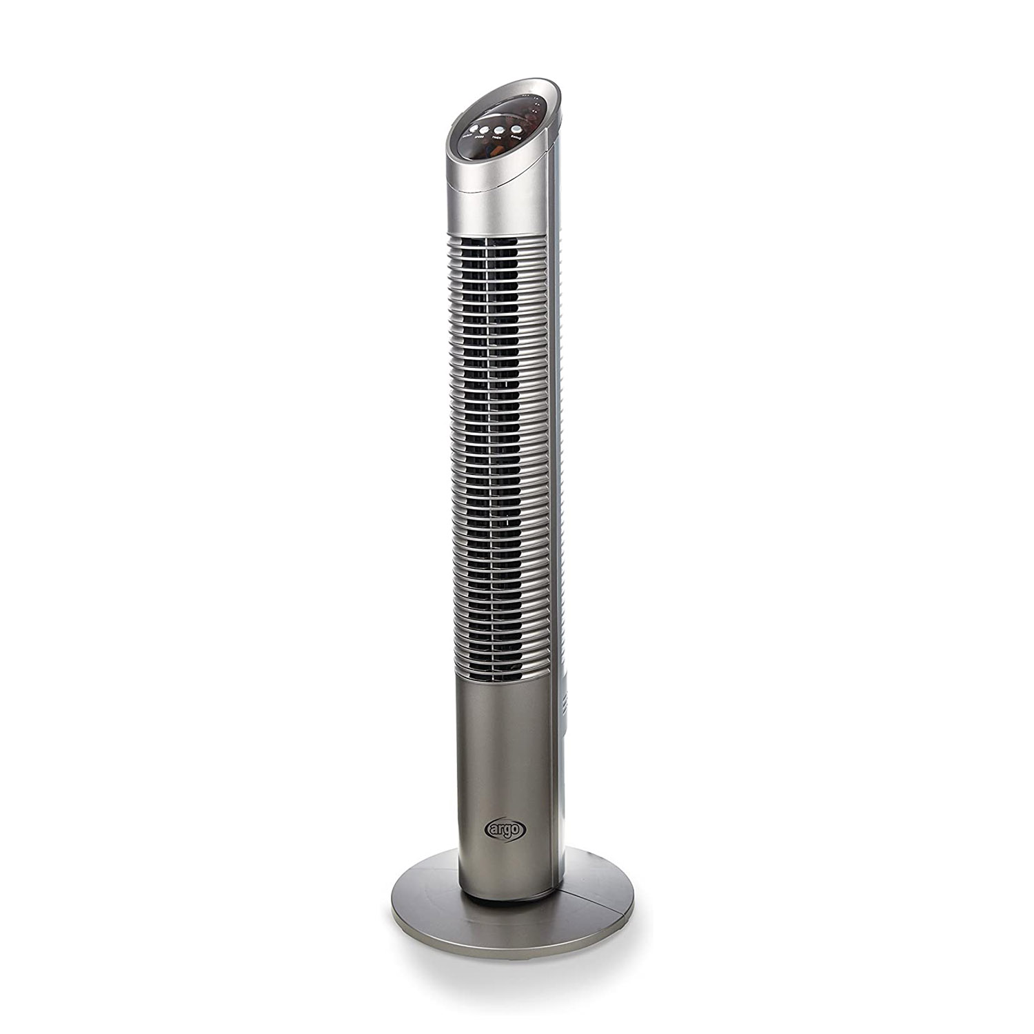 Un ventilatore a torre snello e argentato con base rotonda e pannello di controllo.