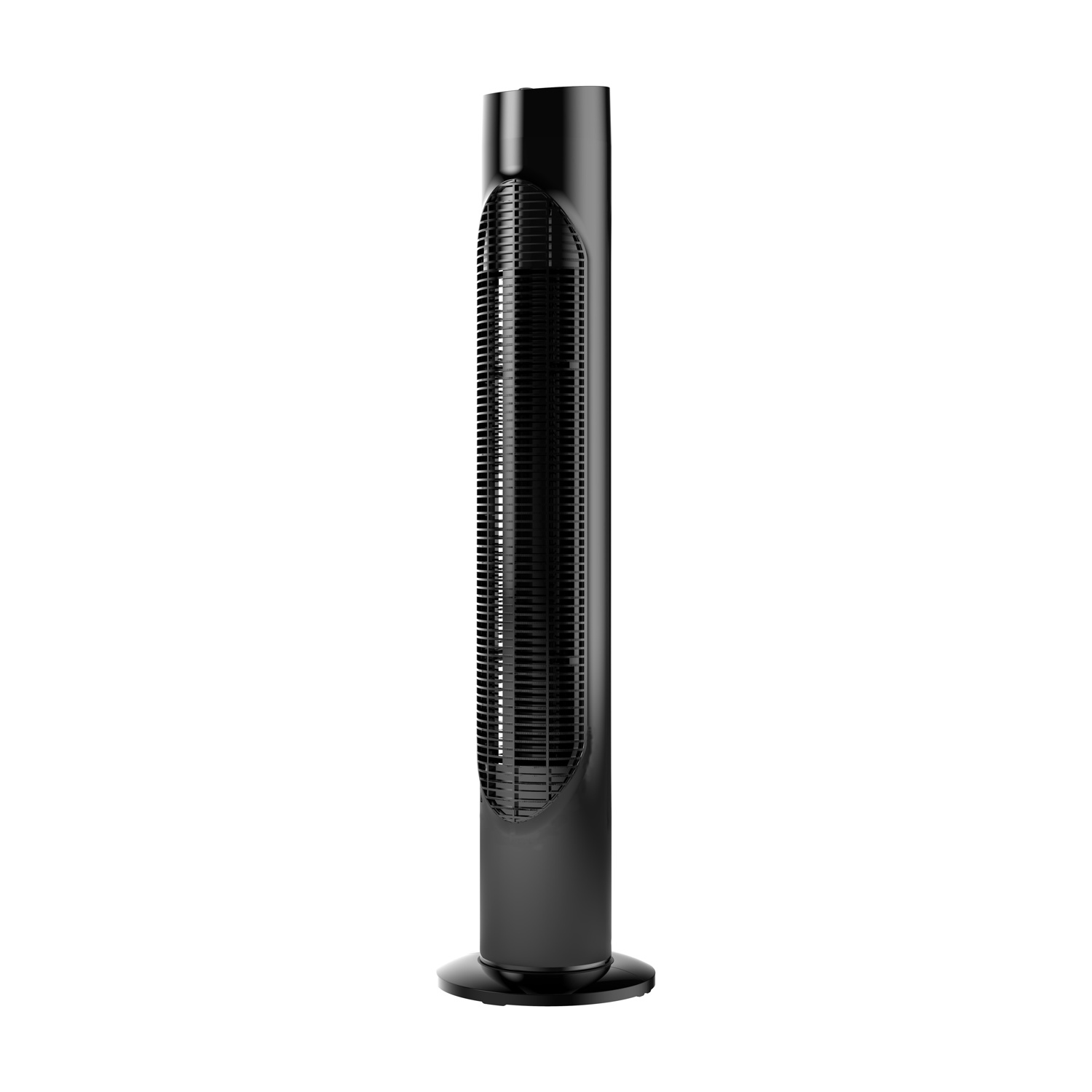 Un'elegante ventola a torre nera con griglia frontale si erge su una base rotonda.