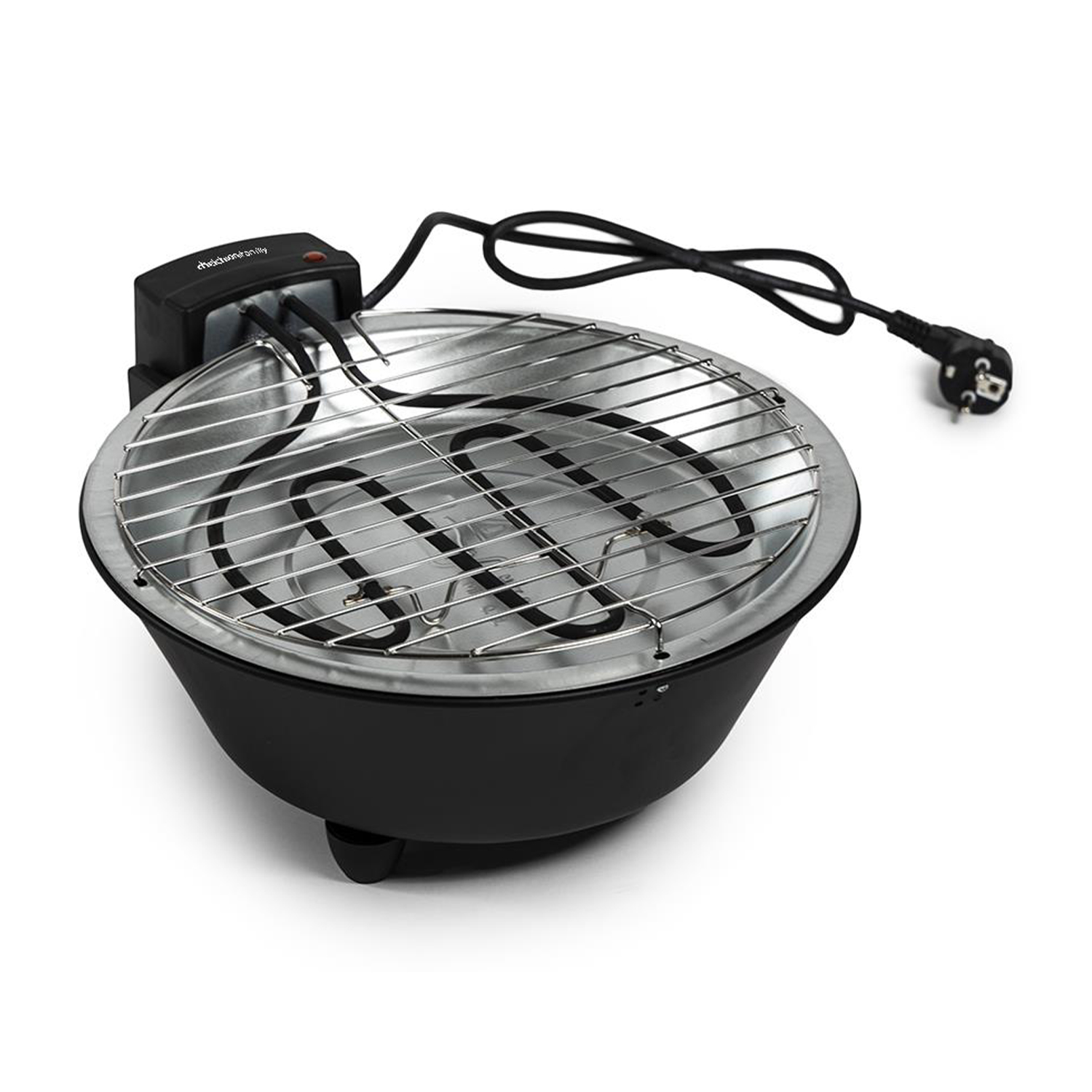 Ein schwarzer Elektrogrill mit Chromrost und Heizspirale. Mit Kabel und Stecker.