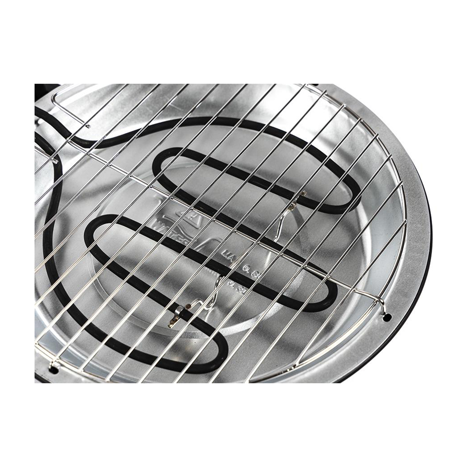 Nahaufnahme eines runden Grills mit schwarzer Heizspirale und Metallgittern.