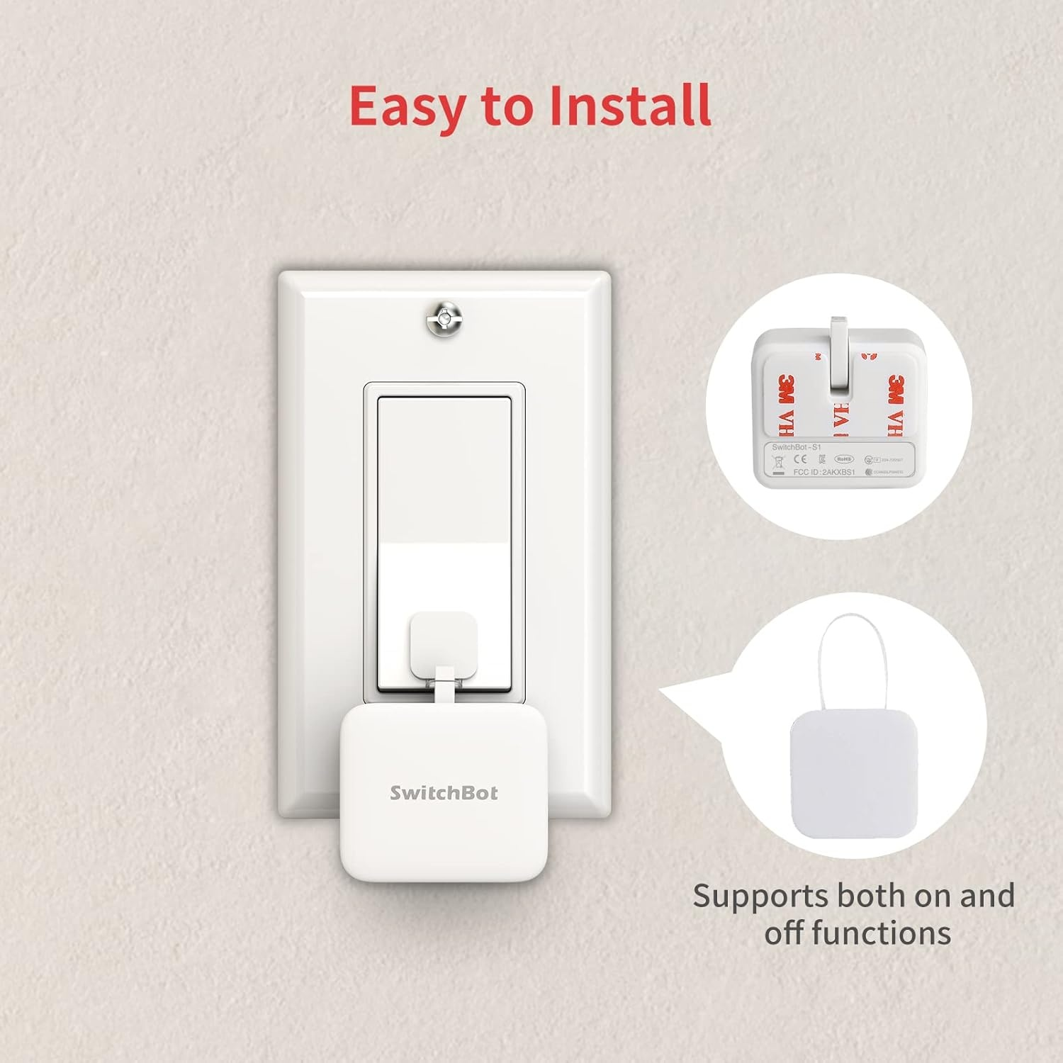 Ein weißer SwitchBot wird an einem Lichtschalter montiert. Einfach zu installieren.