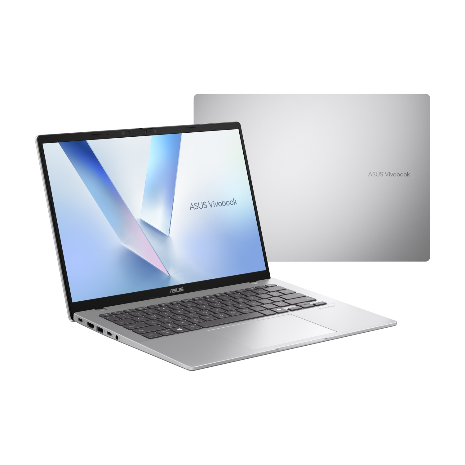 Un laptop ASUS Vivobook argentato è aperto, mostrando tastiera e schermo.