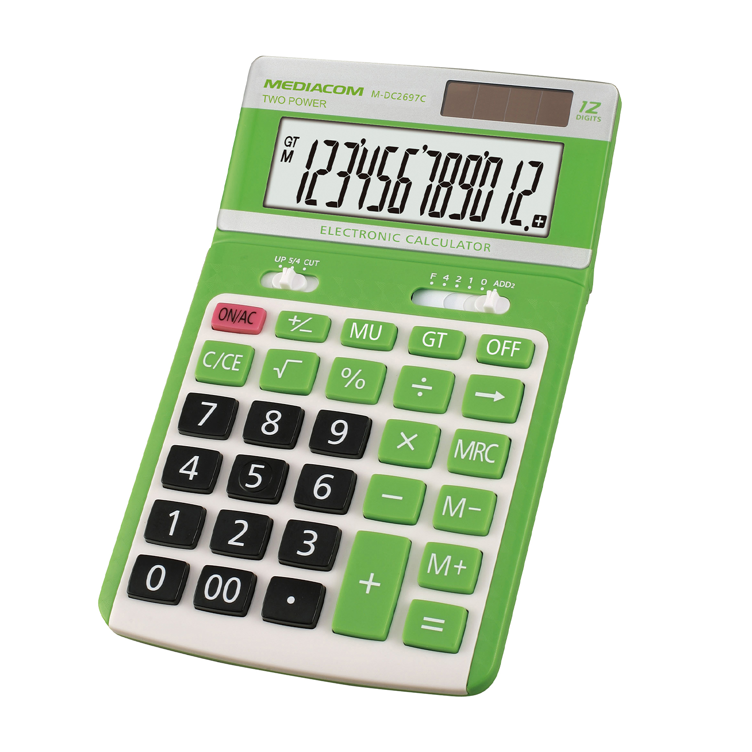 Una calcolatrice Mediacom verde con pannello solare e tastierino numerico.