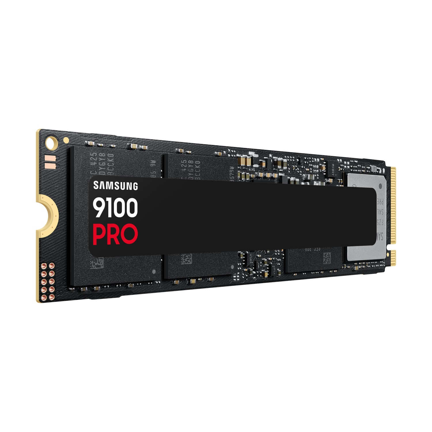 Dysk SSD Samsung 9100 PRO ze złotym złączem i detalami płytki drukowanej.