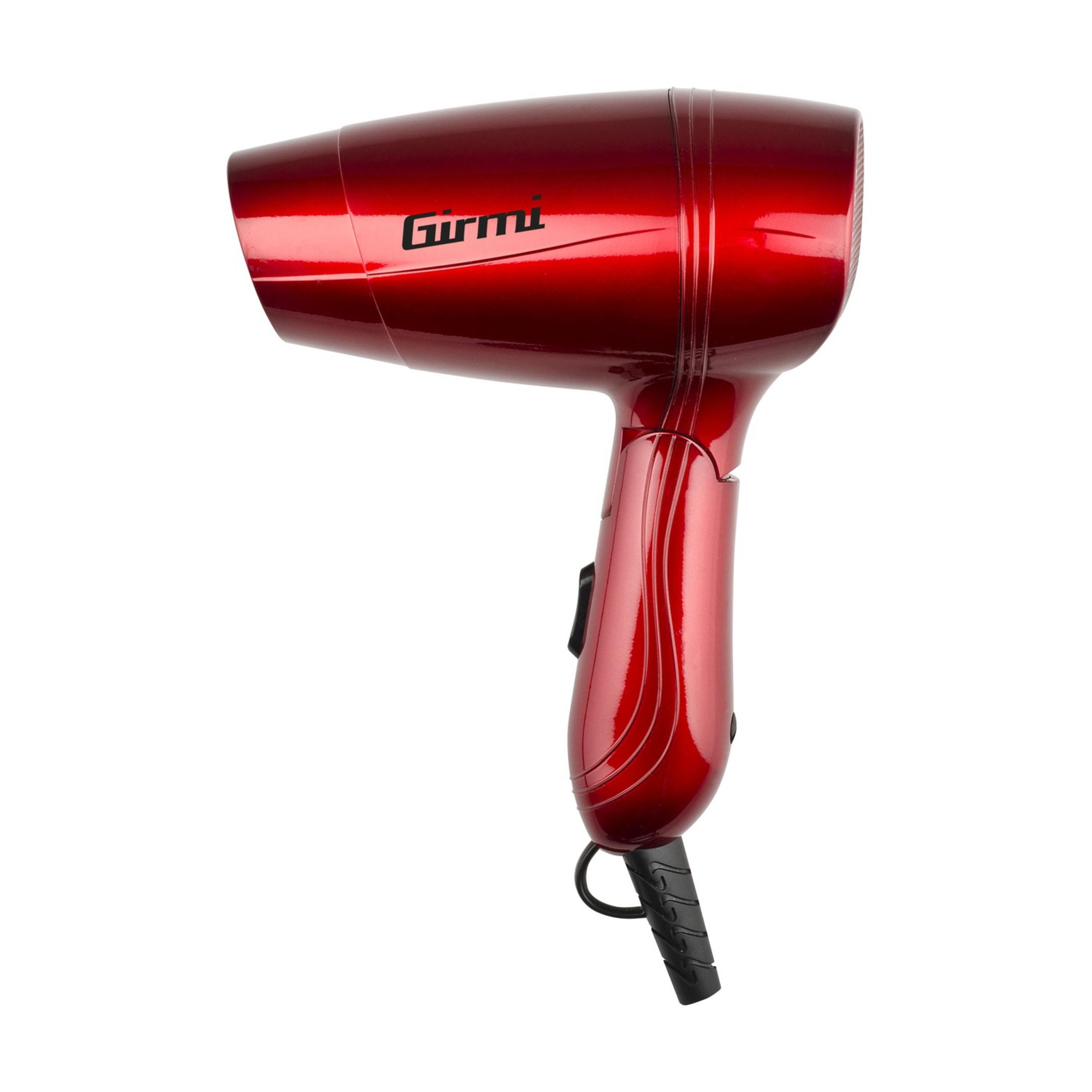 Błyszcząca czerwona suszarka do włosów z czarnym uchwytem i przełącznikiem.