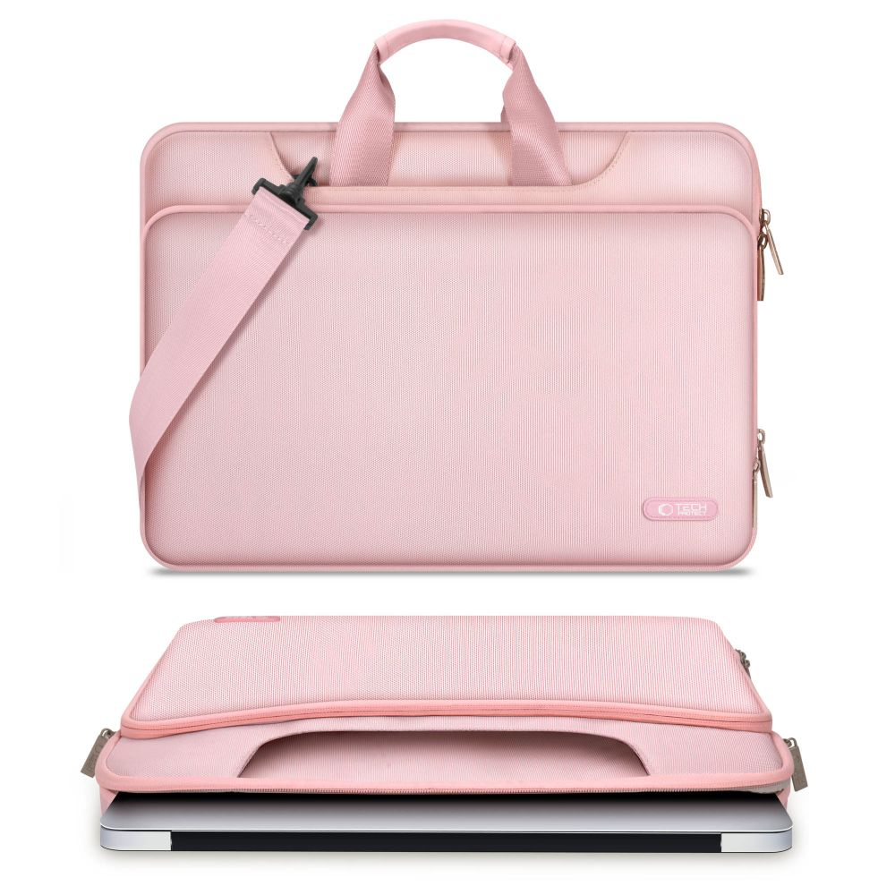 Eine rosafarbene Laptoptasche mit Griffen und einem Schultergurt, mit Laptop.
