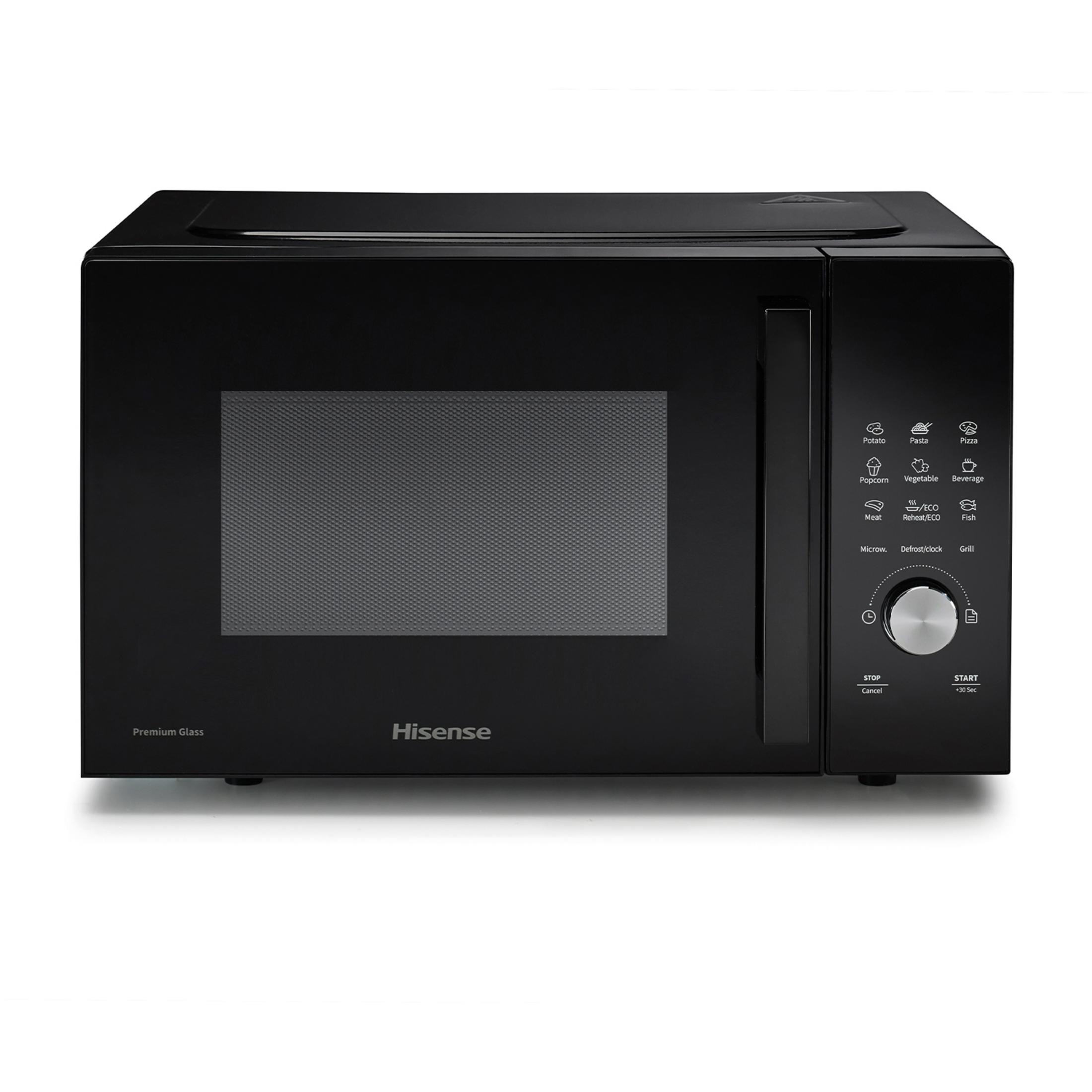Czarna kuchenka mikrofalowa Hisense z szklanymi drzwiami i panelem.