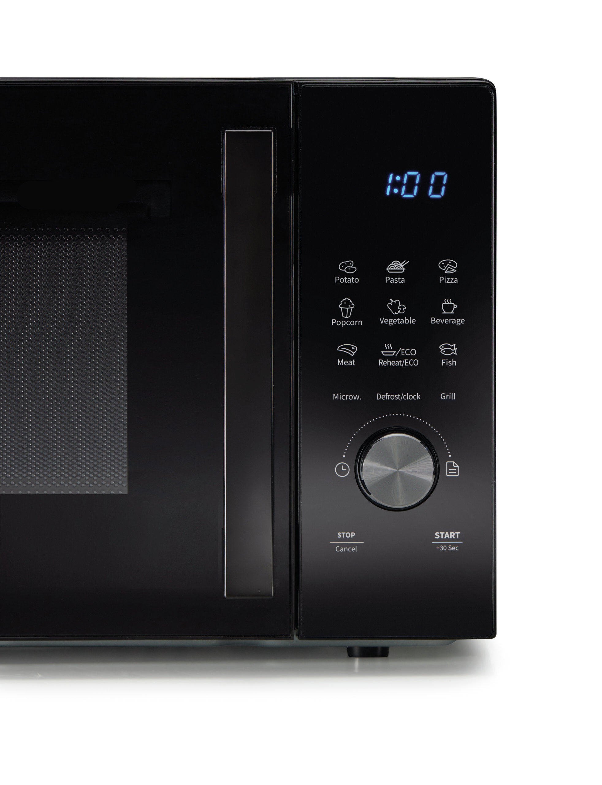Czarna kuchenka mikrofalowa z cyfrowym wyświetlaczem i przyciskami.