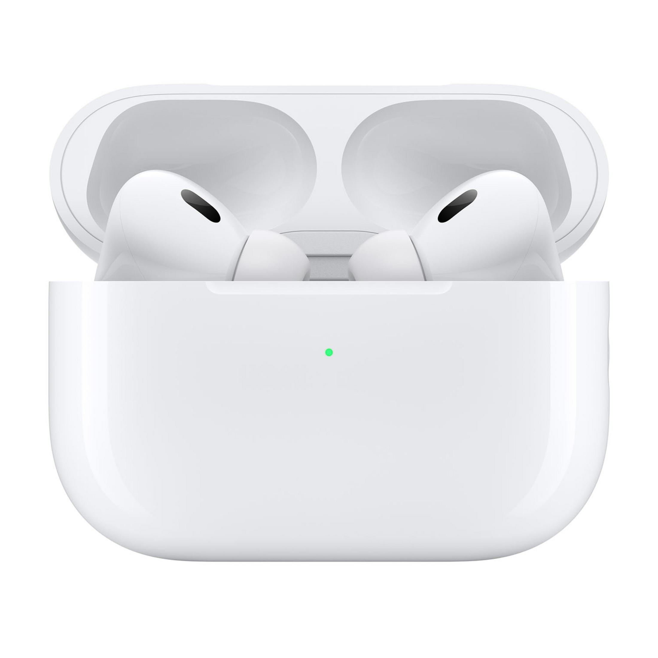 Białe słuchawki bezprzewodowe w etui ładującym z zielonym wskaźnikiem.