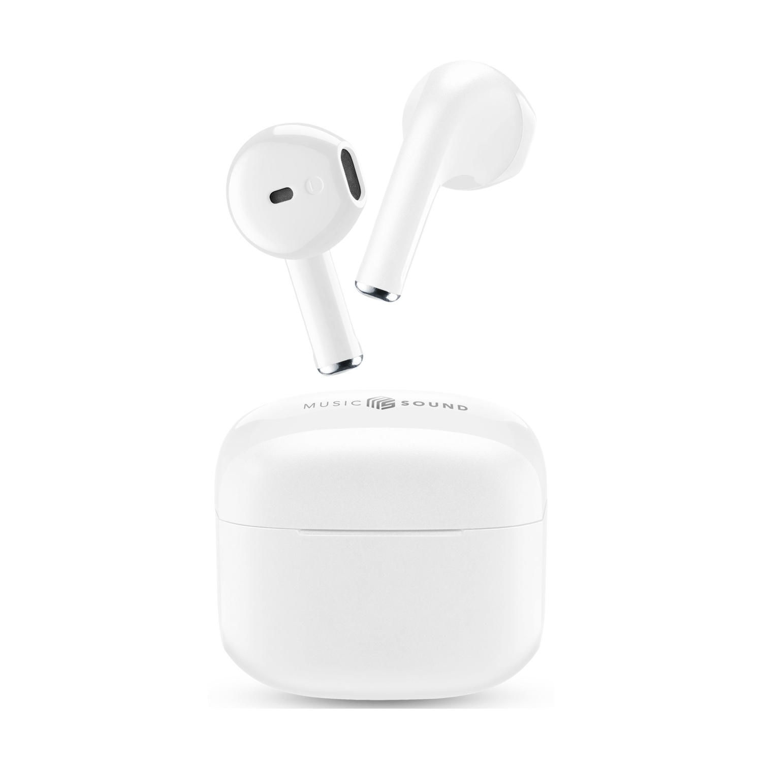 Auricolari wireless bianchi fluttuano sopra una custodia di ricarica bianca con logo.