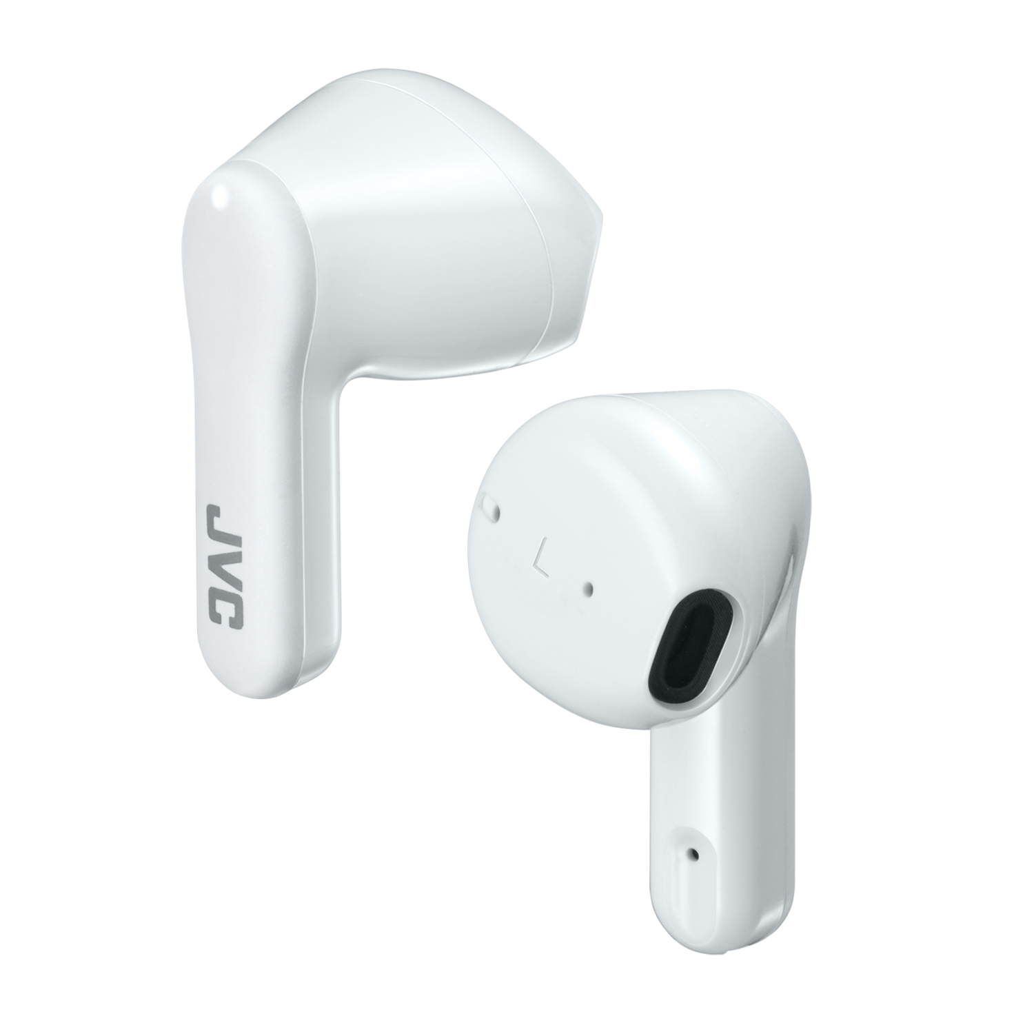 Due auricolari JVC bianchi su sfondo bianco, uno con segno L.