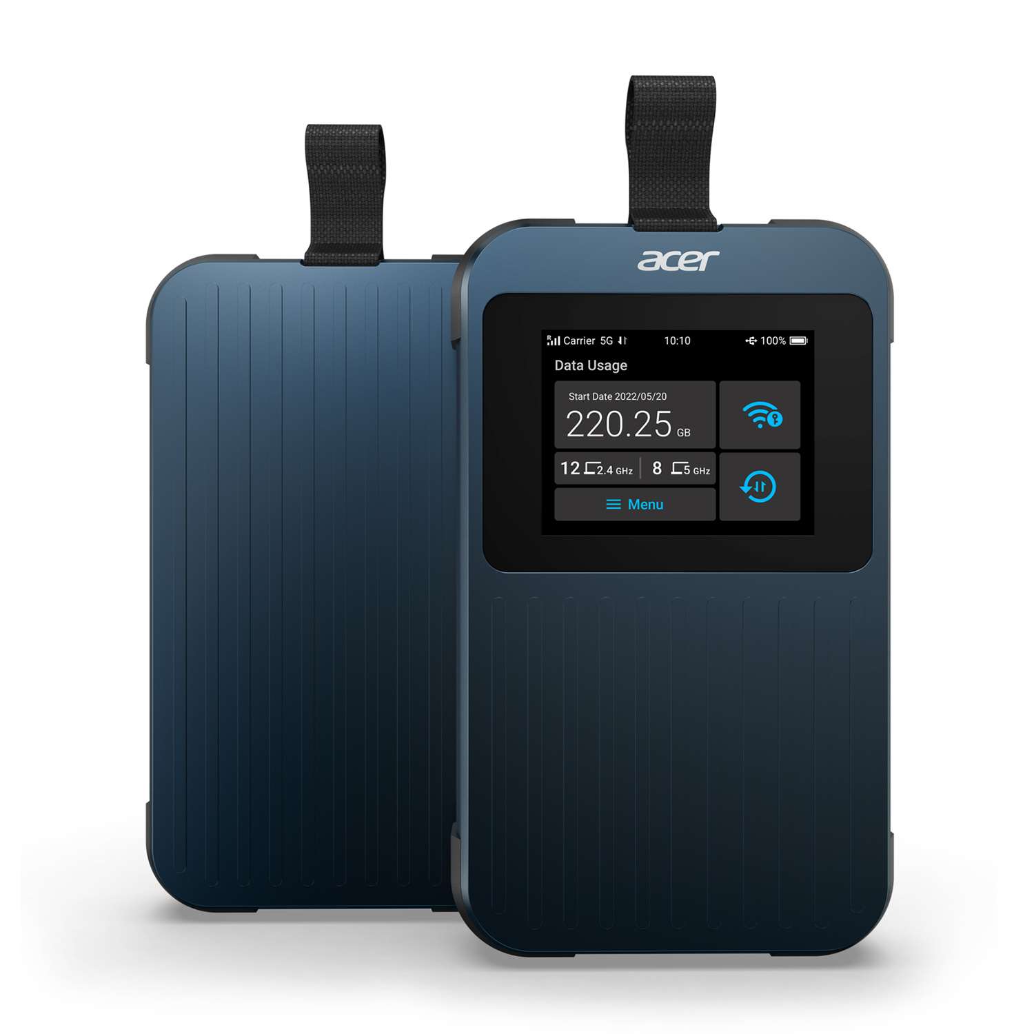 Zwei blaue Acer 5G mobile Hotspots mit Bildschirm. Einer zeigt Datennutzung an.
