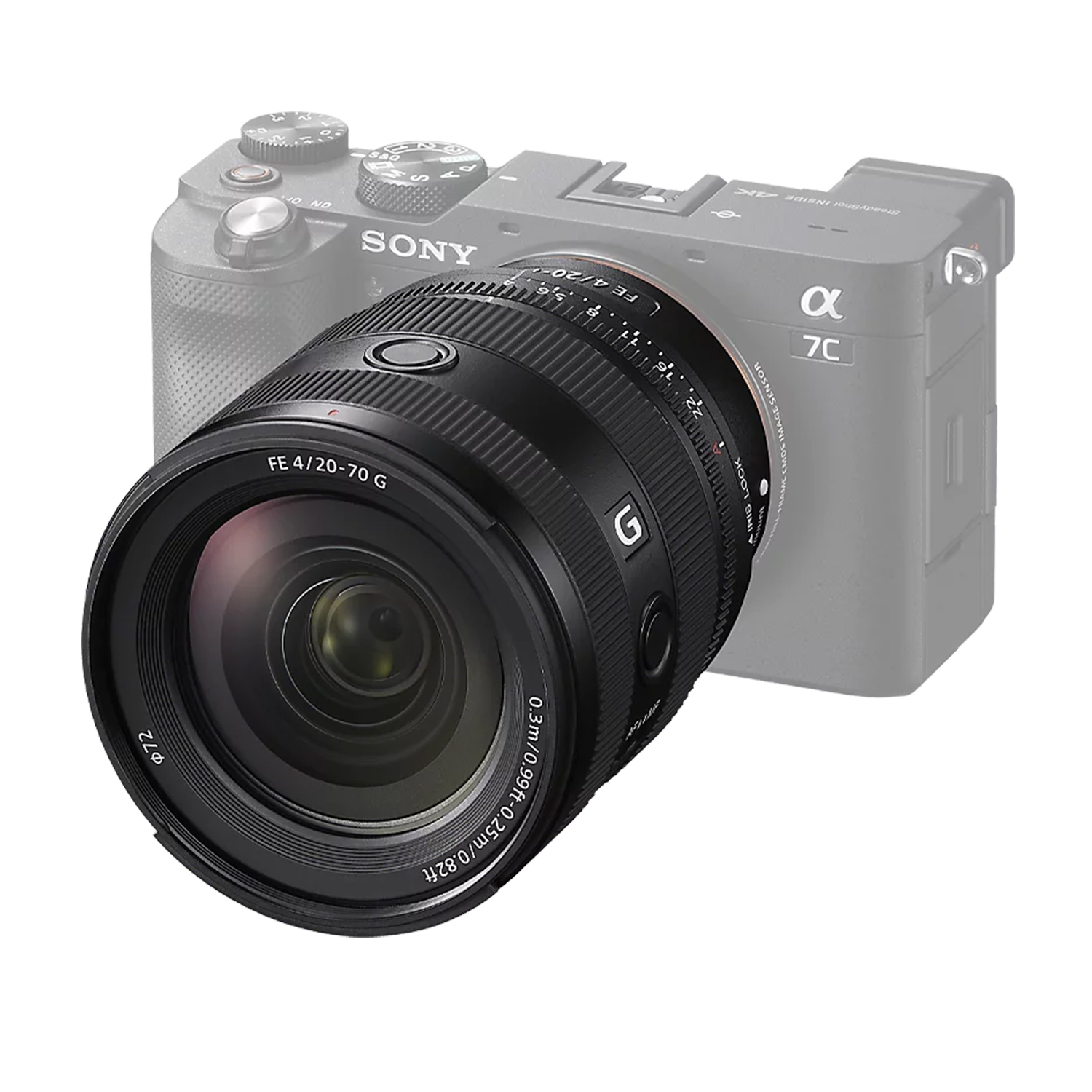 Aparat Sony Alpha 7C z zamocowanym obiektywem FE 4/20-70 G na pierwszym planie.