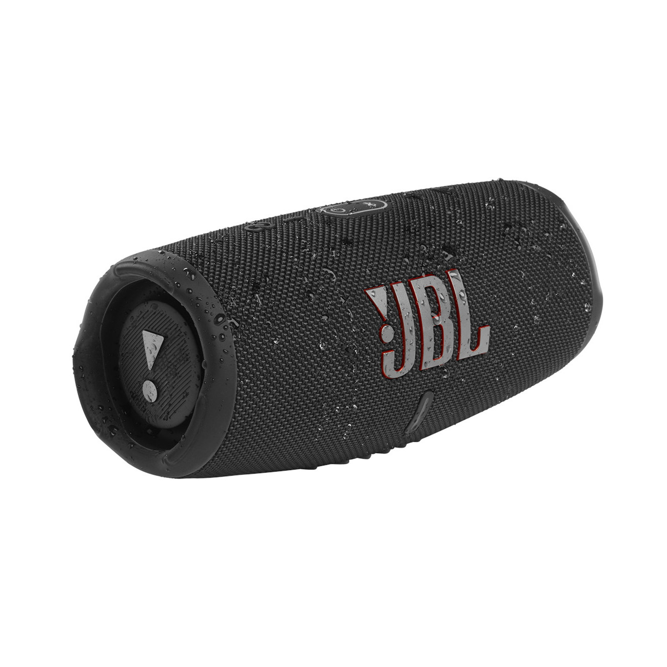 Czarny głośnik JBL z kroplami wody i czerwonym logo.