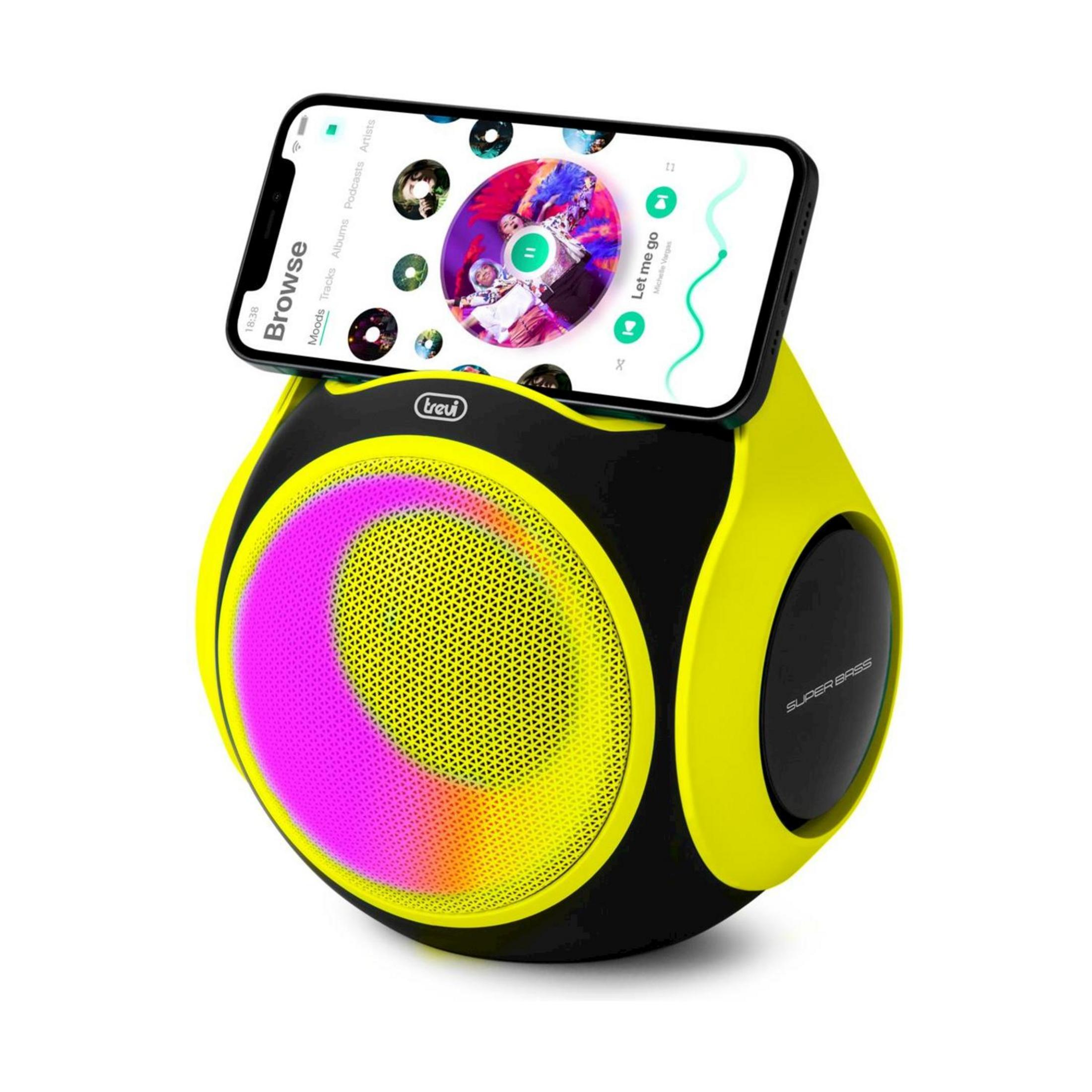 Un altoparlante giallo con uno smartphone che riproduce musica. Luci colorate illuminate.