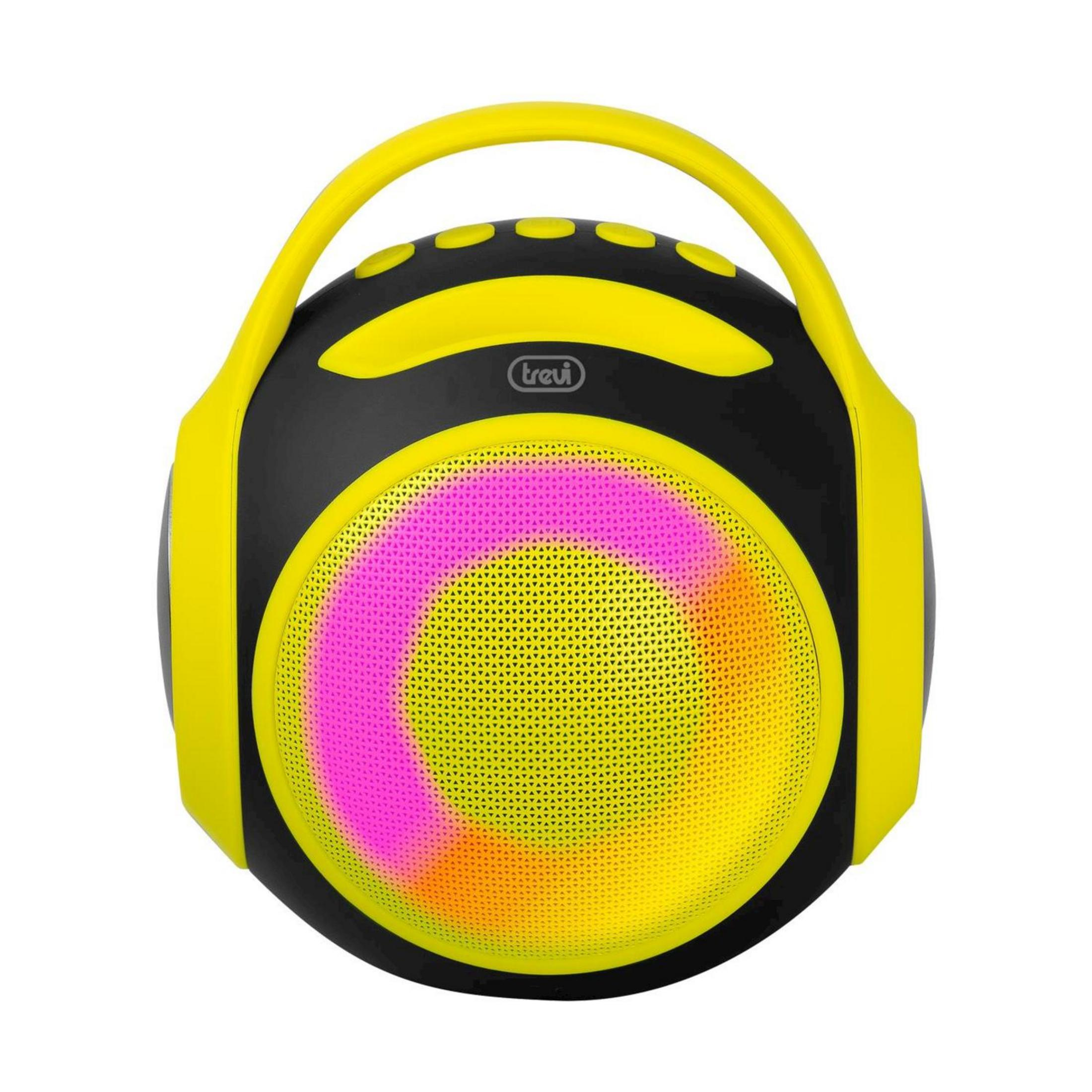 Uno speaker portatile nero e giallo con luci colorate.