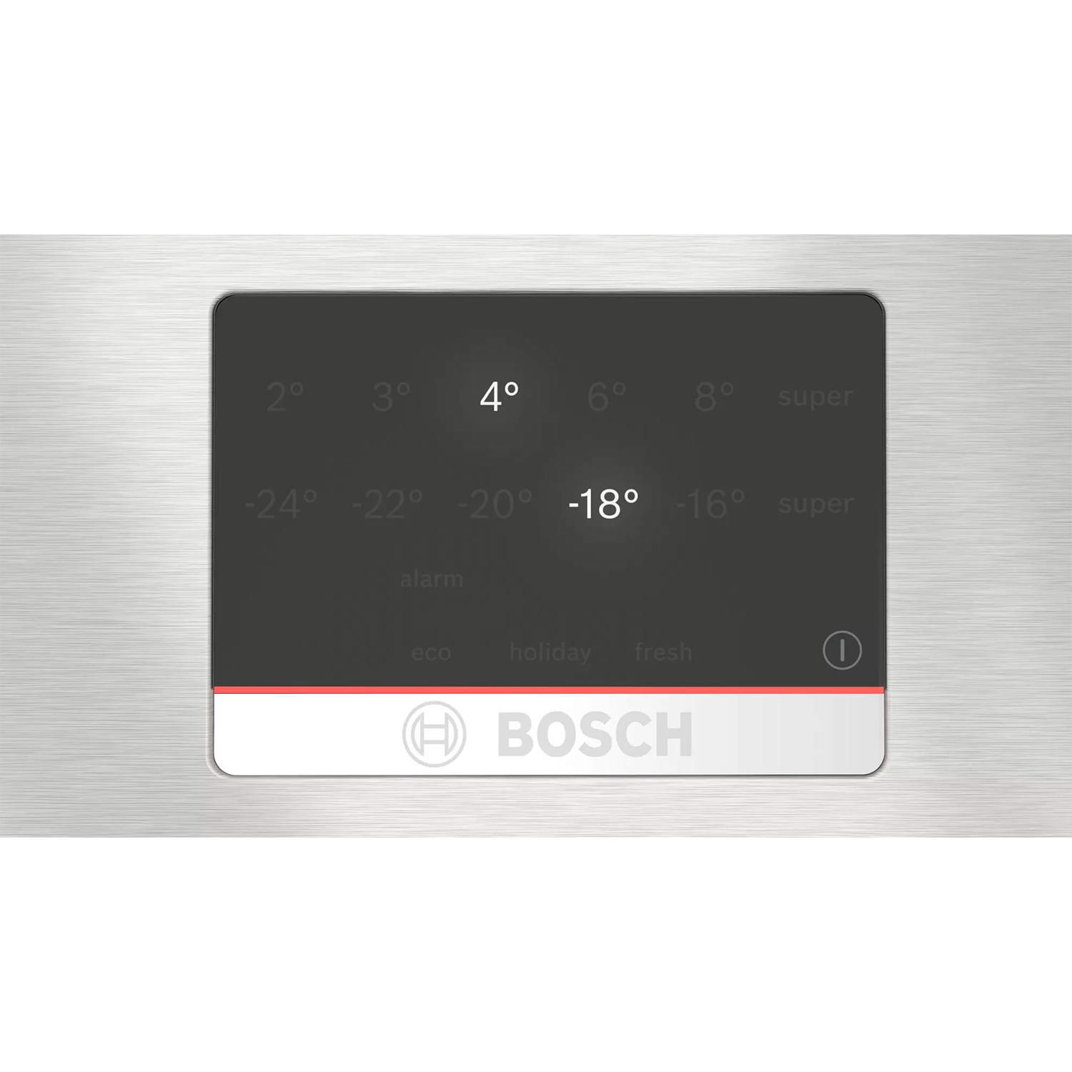 La pantalla del frigorífico Bosch muestra temperaturas y modos como alarma, eco, festivo, fresco.
