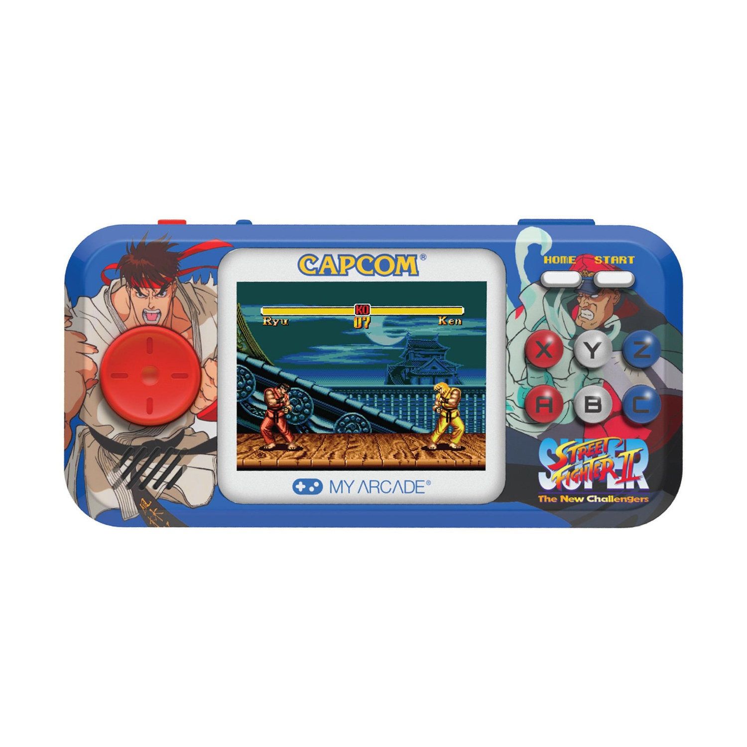 Dispositivo de juego portátil azul con gráficos y pantalla de Street Fighter II.