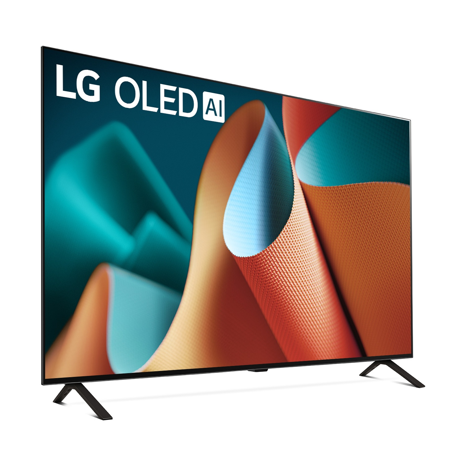Un téléviseur LG OLED avec logo IA à l'écran, affichant un design abstrait.
