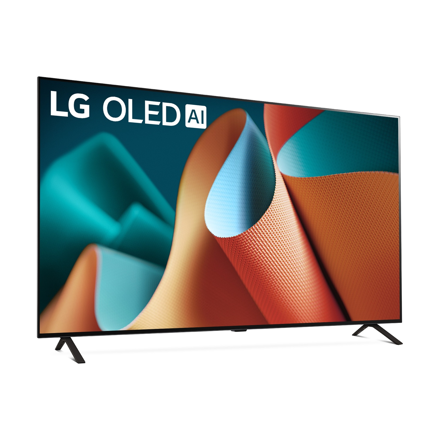 TV LG OLED AI affichant des graphiques abstraits et colorés à l'écran avec pied noir.