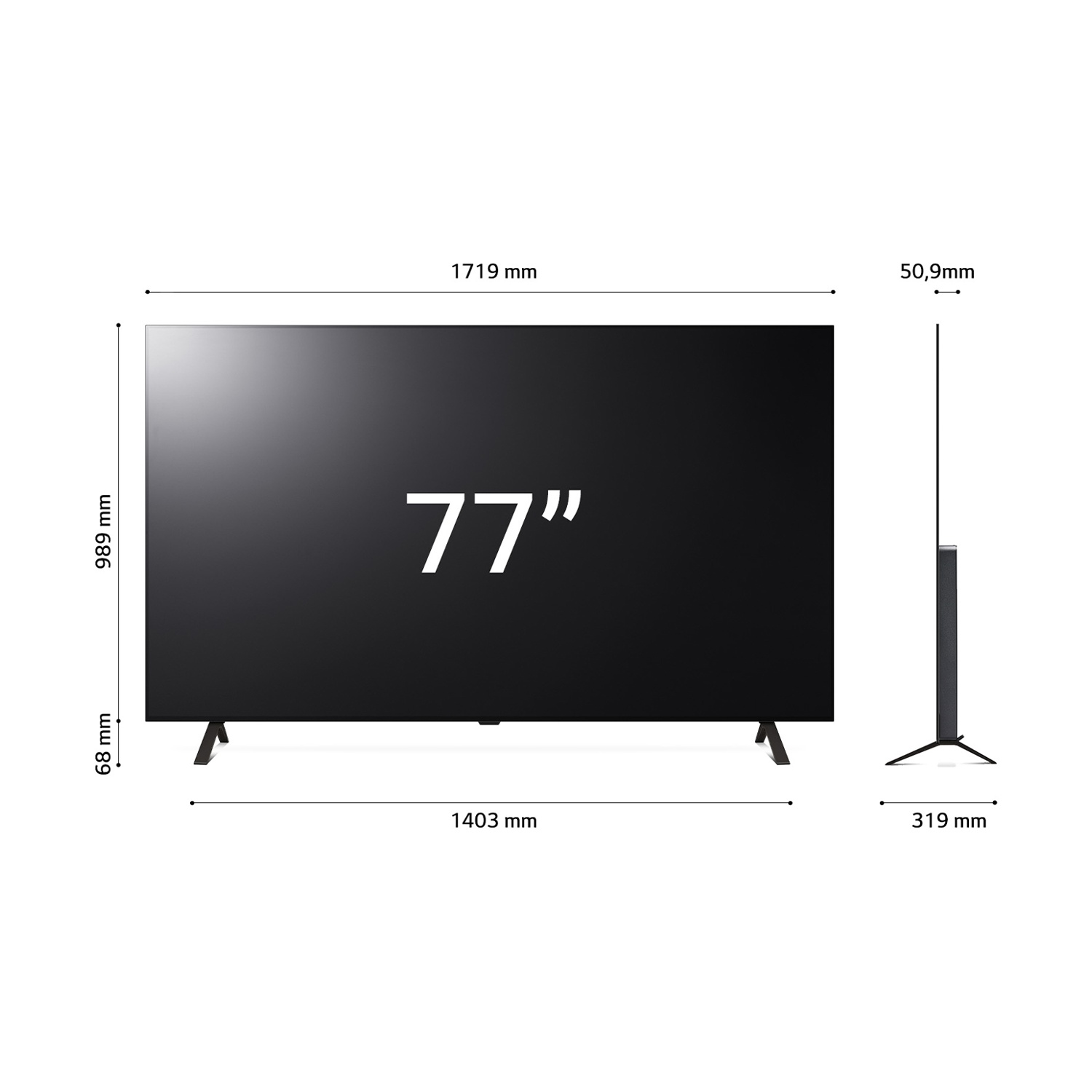 Dimensions d'un téléviseur de 77 pouces : 1719 mm de large, 989 mm de haut, 50,9 mm de profondeur.