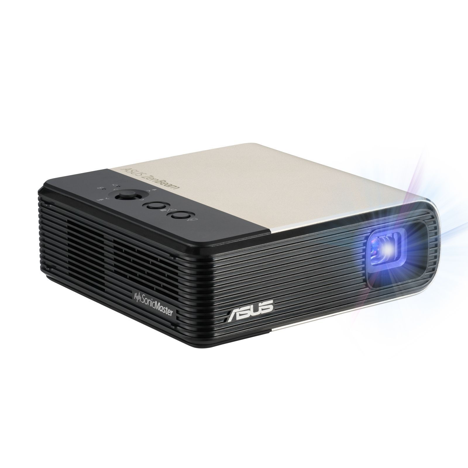 Un piccolo proiettore ASUS ZenBeam, argento e nero, con un raggio di luce blu.
