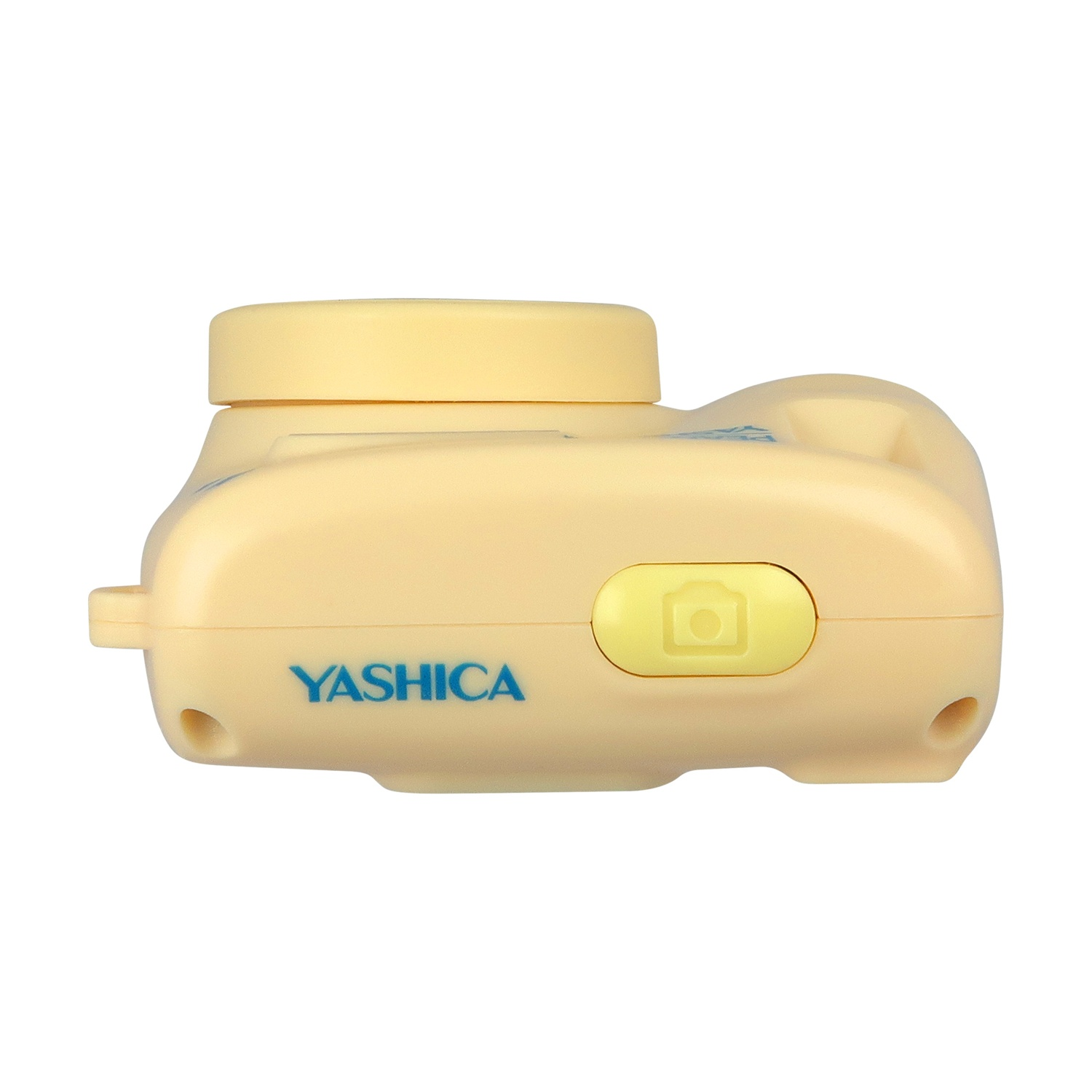 Una fotocamera Yashica giallo chiaro con pulsante di scatto giallo.
