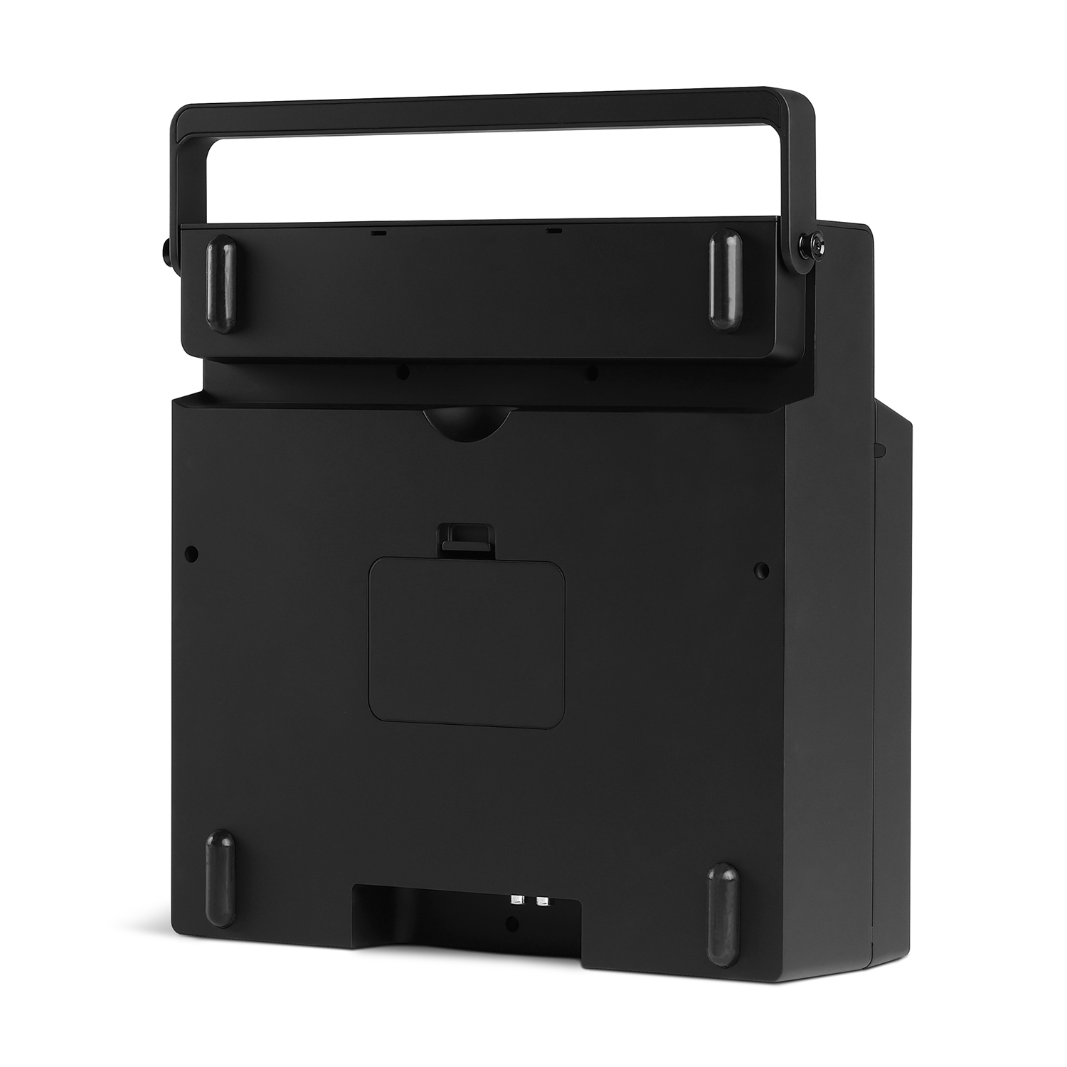 Dispositivo portátil negro con asa y patas, vista trasera.