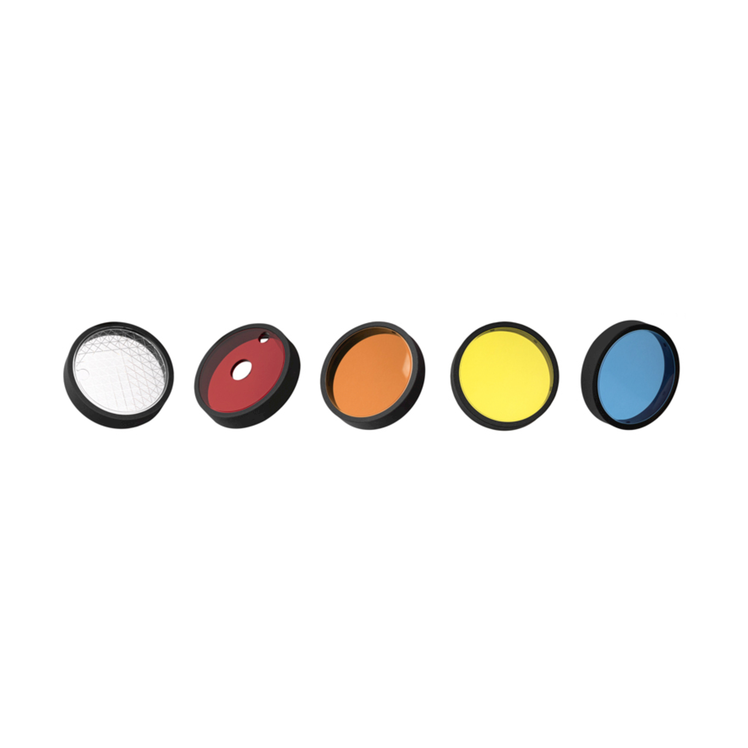 Fünf runde Filter: weiß, rot, orange, gelb und blau.