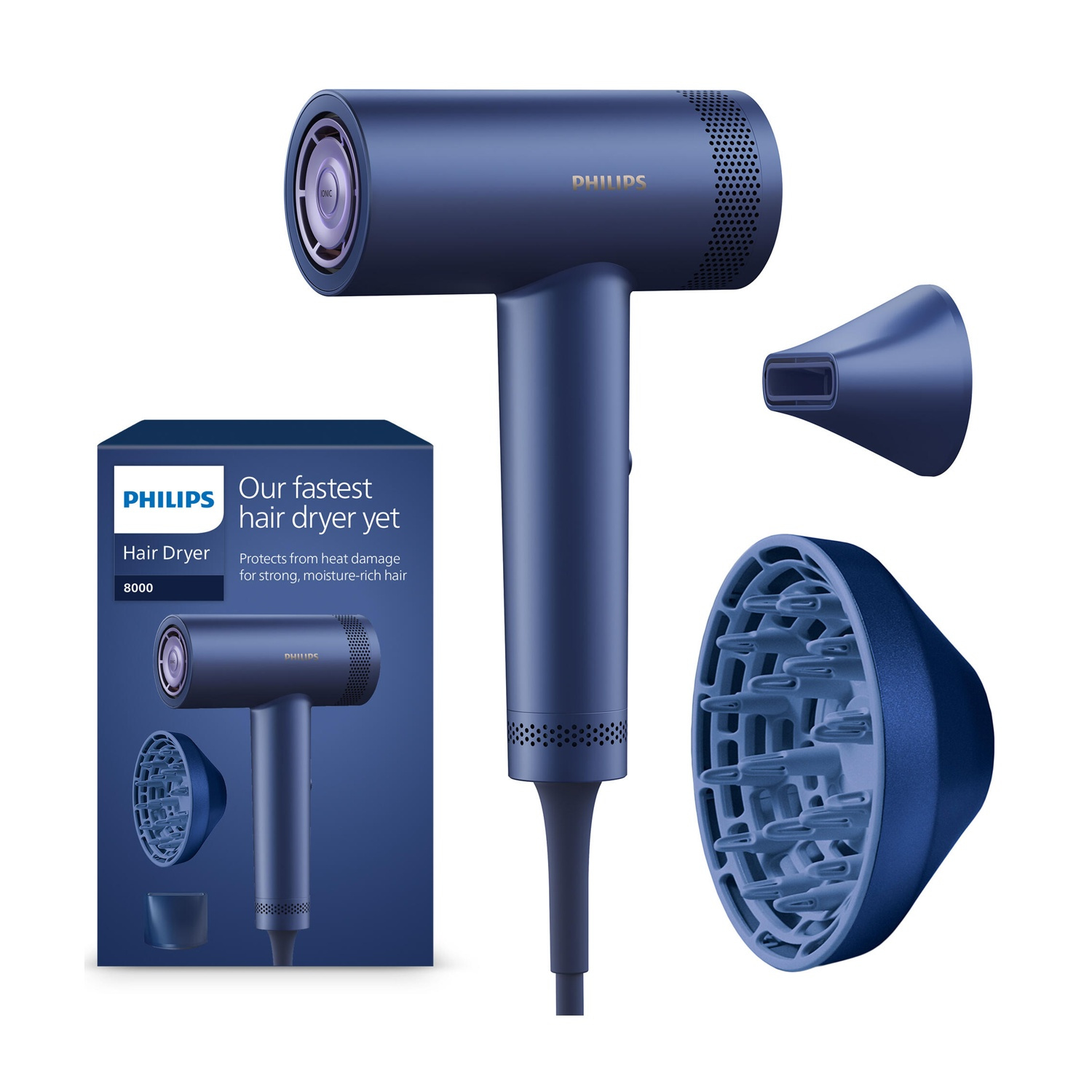 Dunkelblauer Philips Haartrockner mit Aufsätzen und Verpackung.