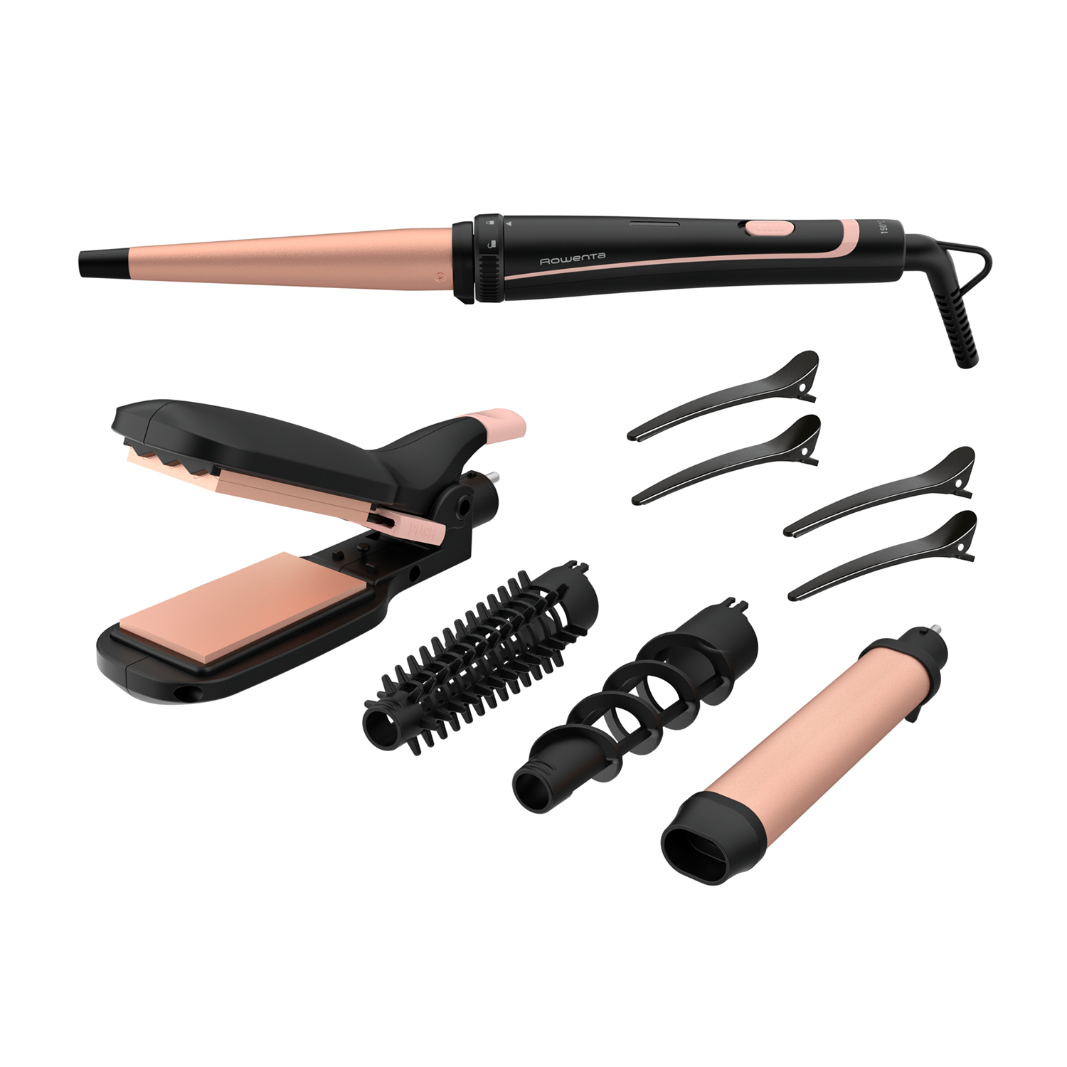 Set styling capelli Rowenta con piastra, arricciacapelli e accessori.