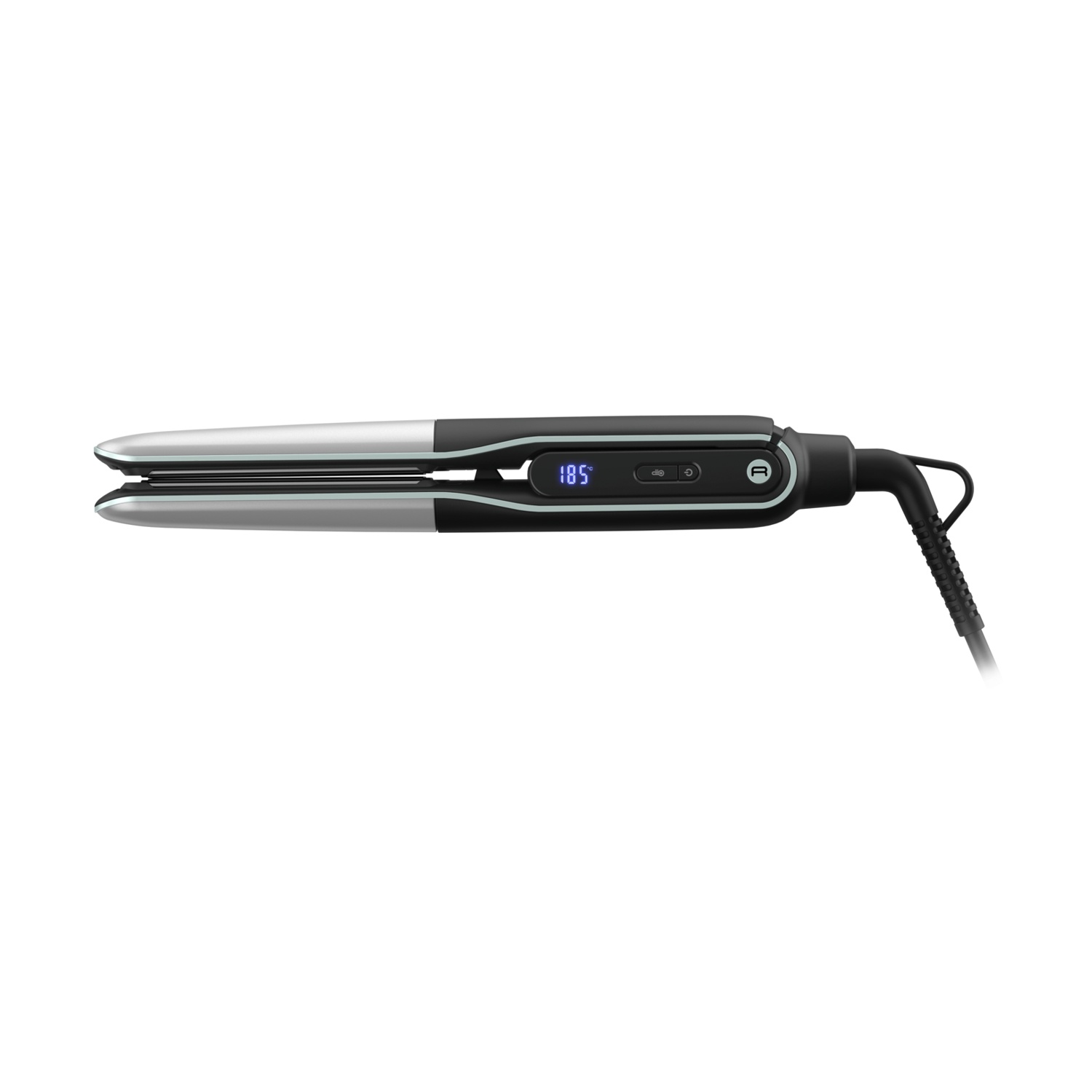 Una piastra per capelli nera e argento con display digitale della temperatura.