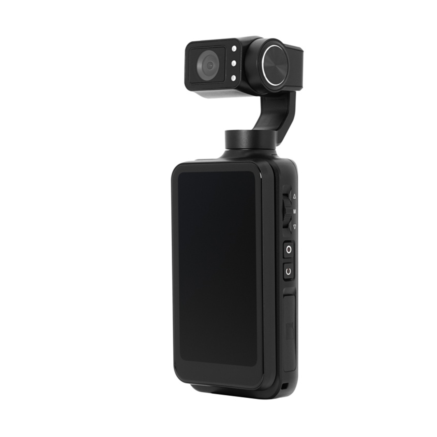 Czarny stabilizator gimbala z kamerą i ekranem na białym tle.