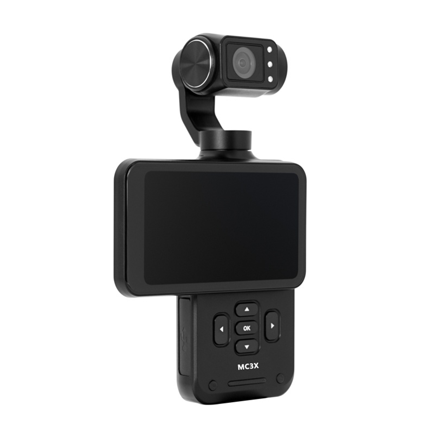 Kompaktowa czarna kamera samochodowa z obrotowym obiektywem, ekranem i przyciskami.