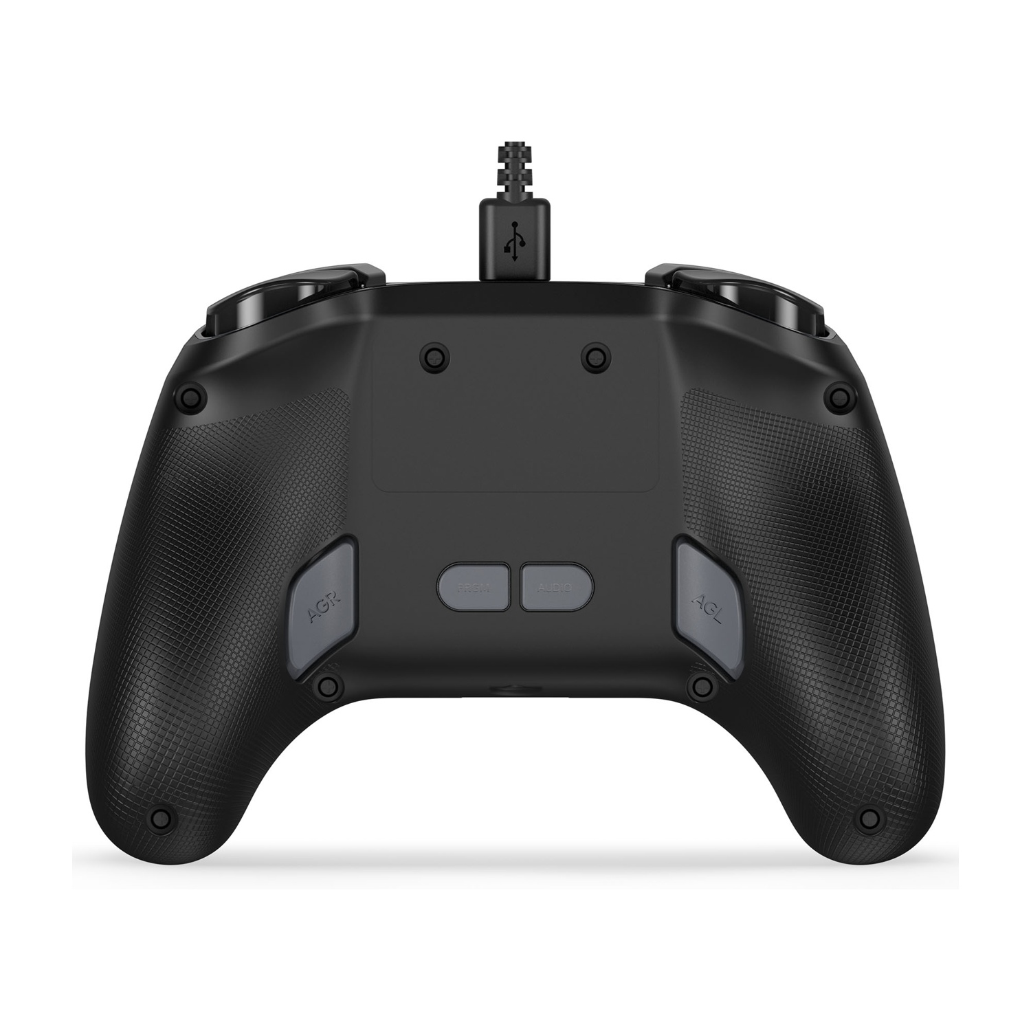 Czarny kontroler do gier z kablem USB i szarymi przyciskami na białym tle.