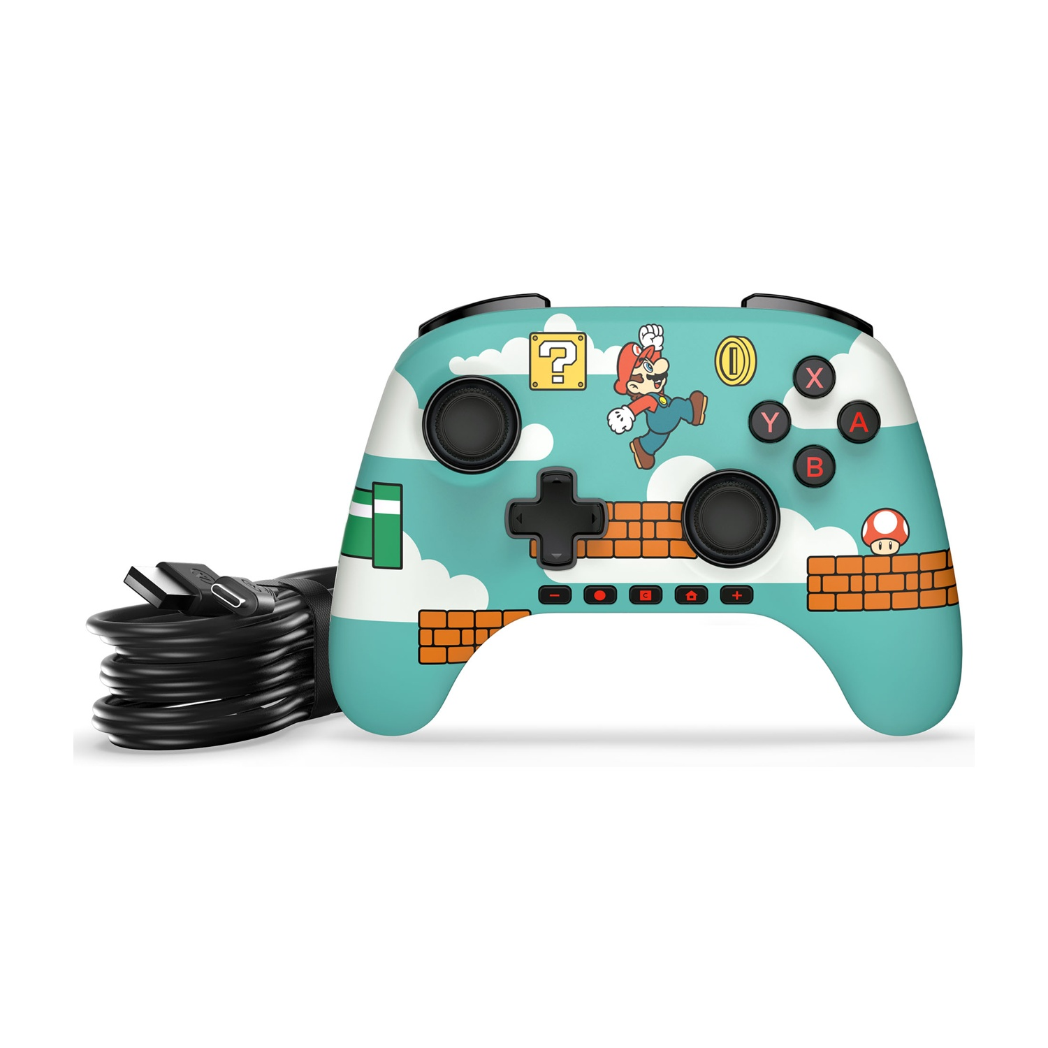 Kontroler w stylu Super Mario, niebieski, z chmurami, cegłami i postaciami.