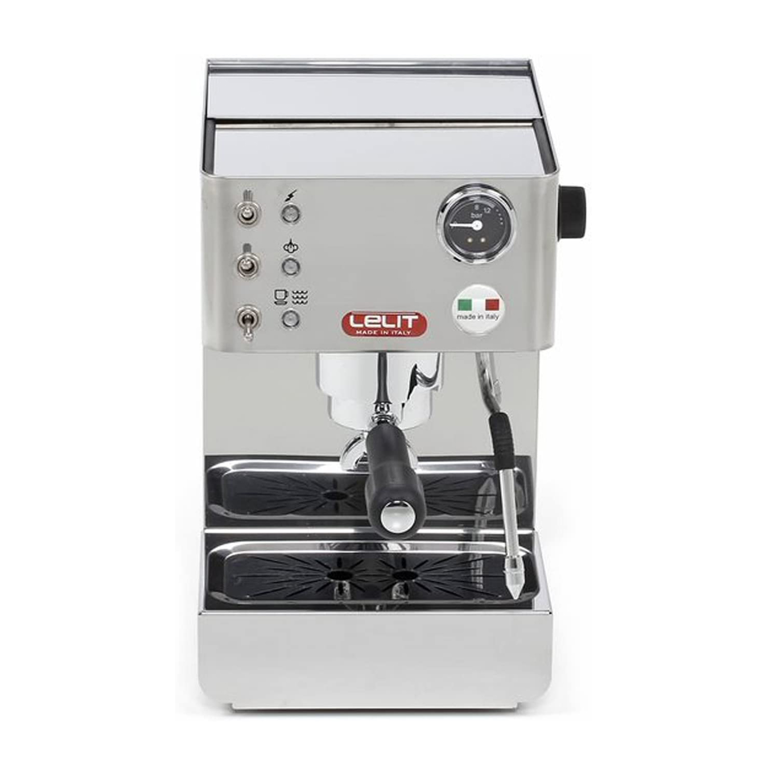Eine silberne Espressomaschine mit schwarzem Griff und Manometer.
