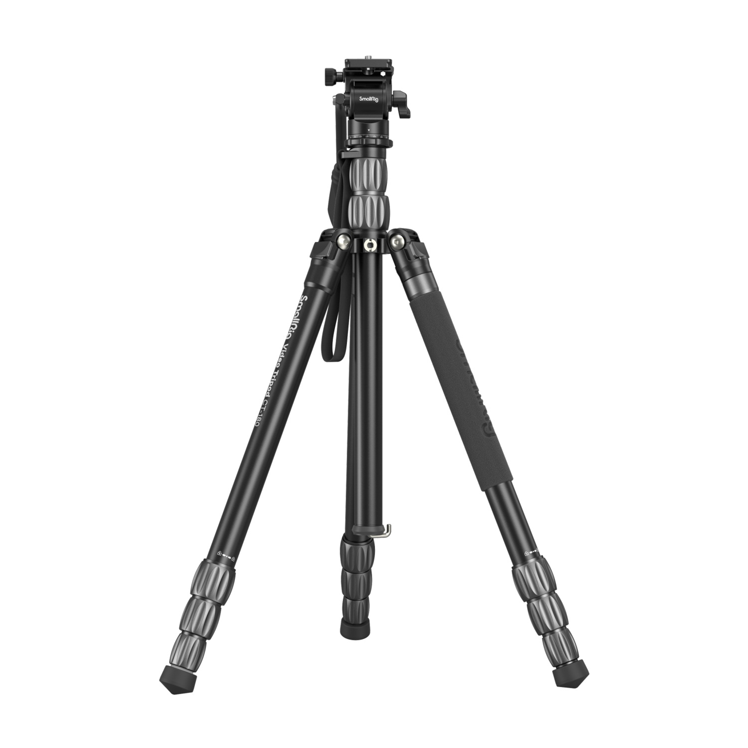 Un treppiede video SmallRig nero con tre gambe e un supporto per fotocamera in alto.