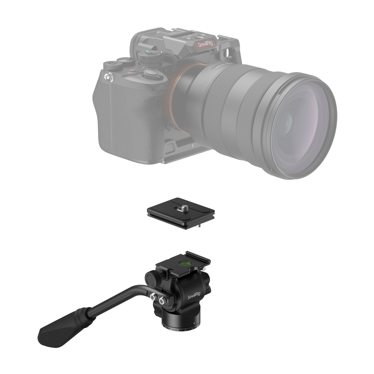 Fotocamera con obiettivo, testa del treppiede e piastra a sgancio rapido su sfondo bianco.