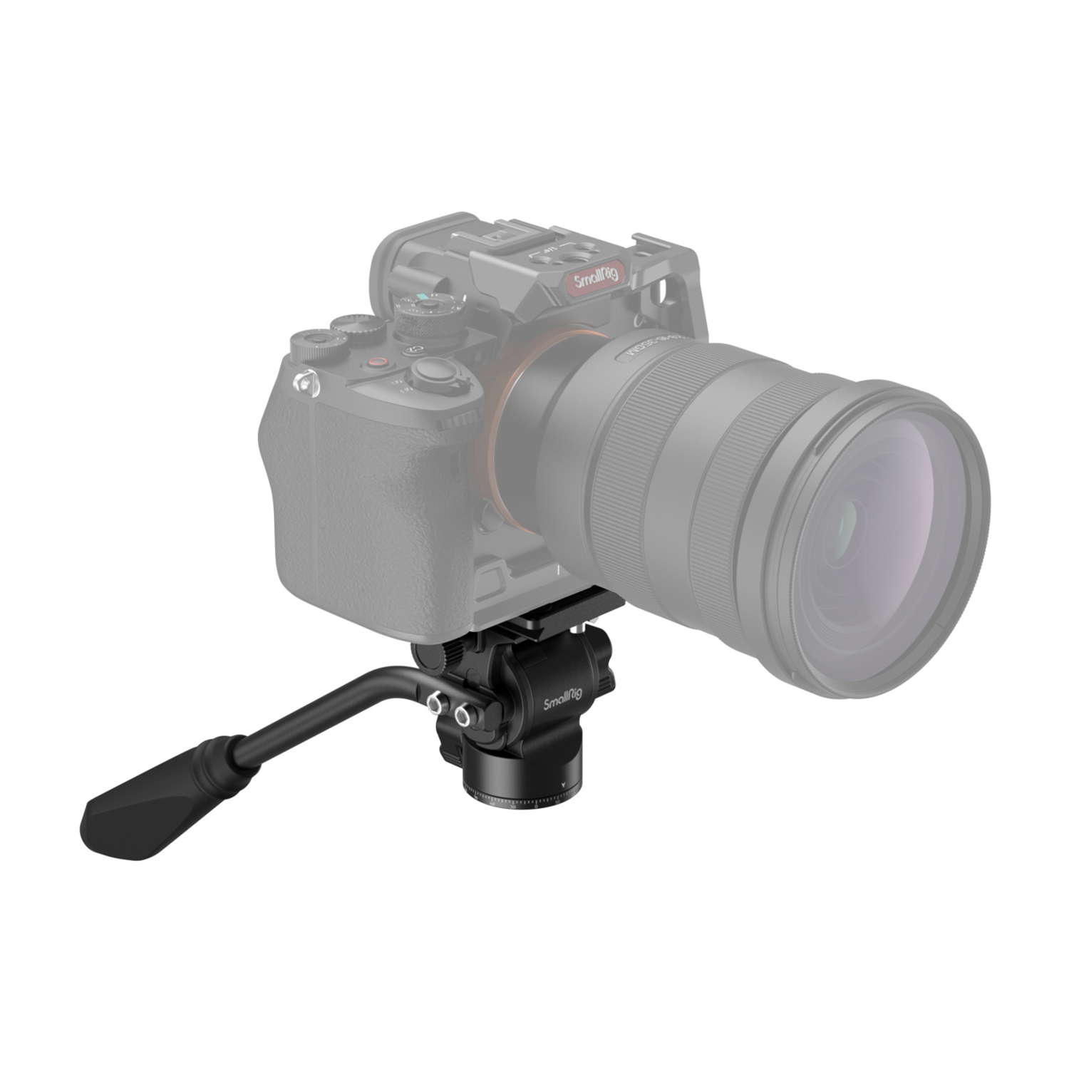 Una testa per fotocamera con manico e obiettivo su sfondo bianco.