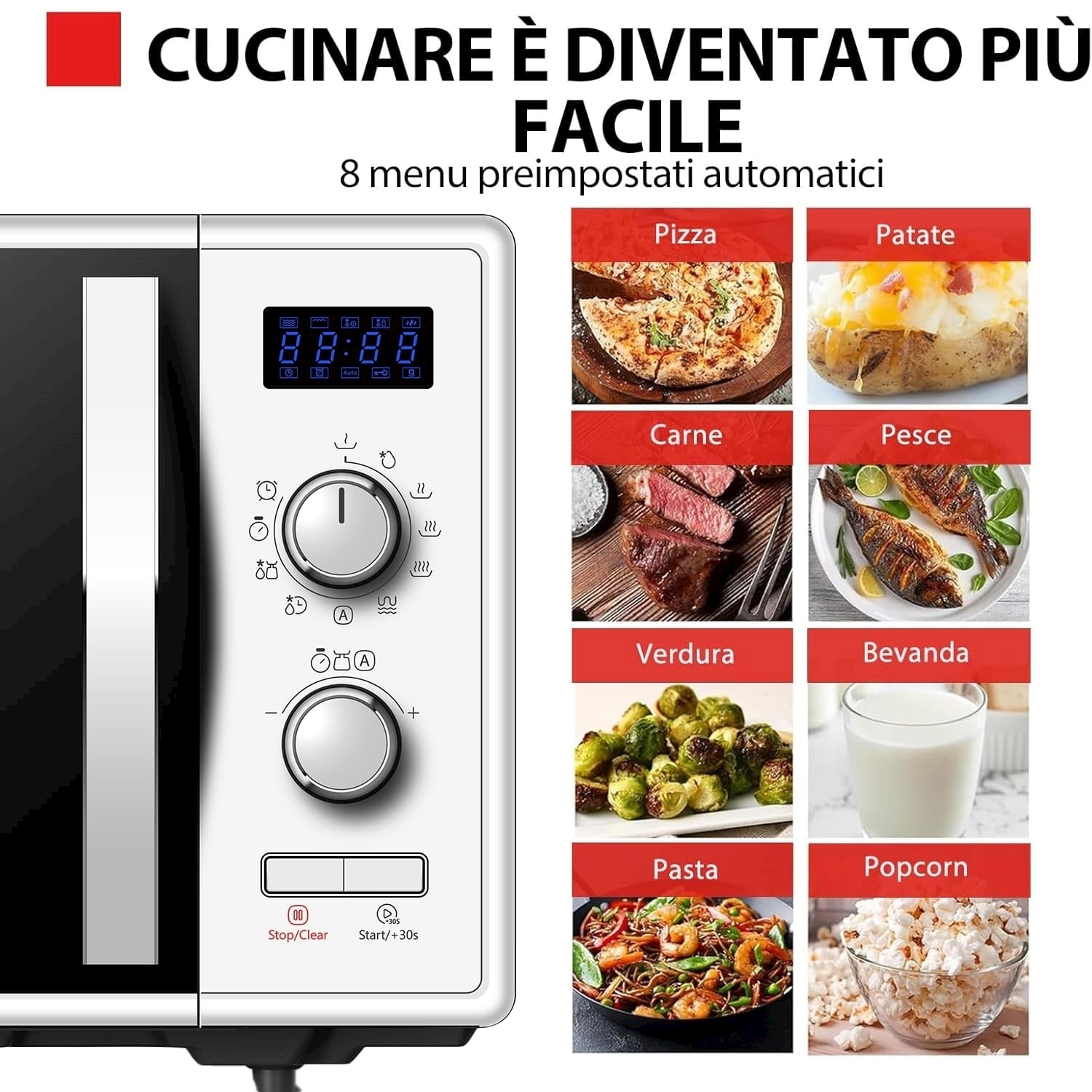 Microondas con selección de menú: Pizza, Patatas, Carne, Pescado, Verduras, Bebidas, Pasta, Palomitas.