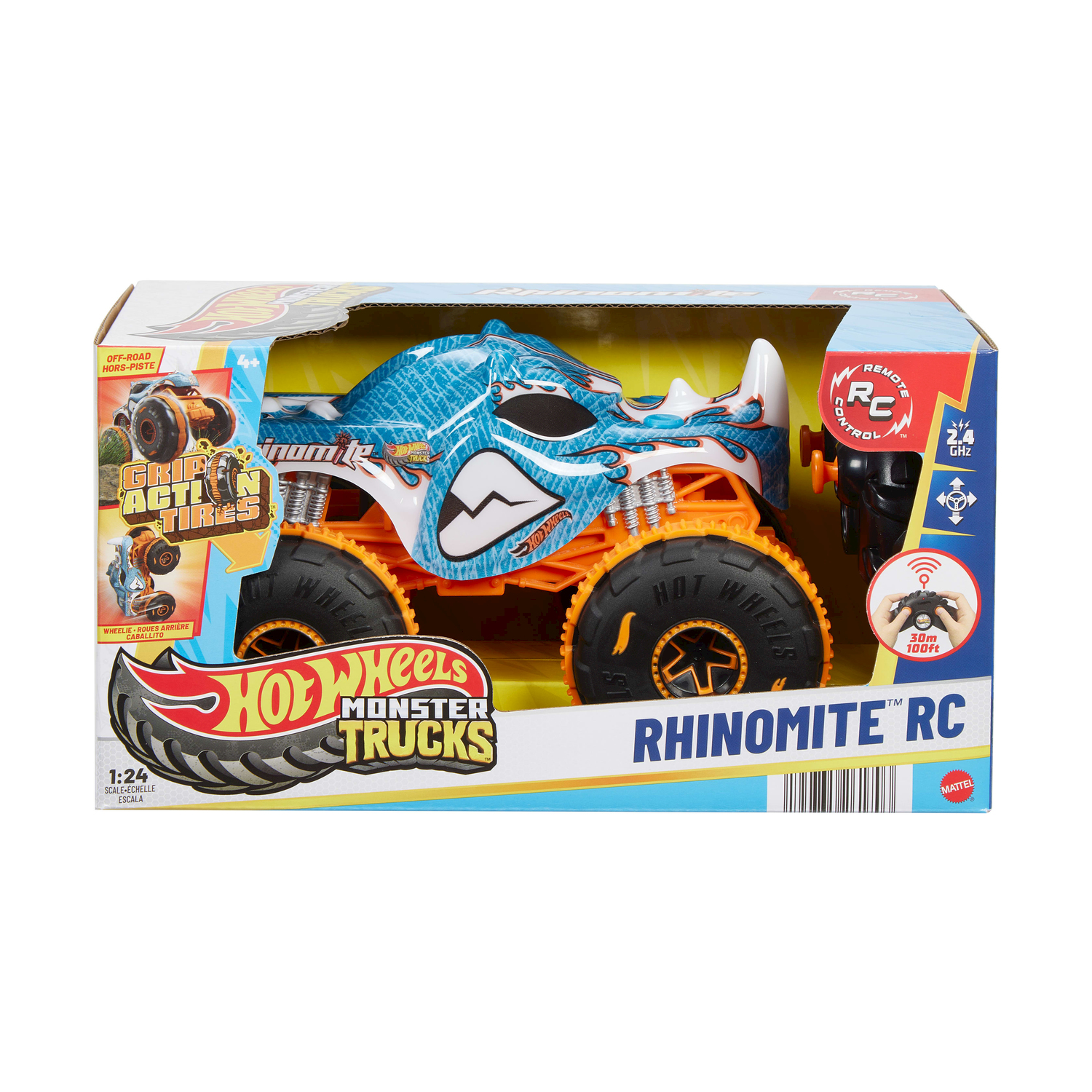 Zdalnie sterowany monster truck Hot Wheels Rhinomite RC, w kształcie nosorożca, niebiesko-biały, pomarańczowe koła.