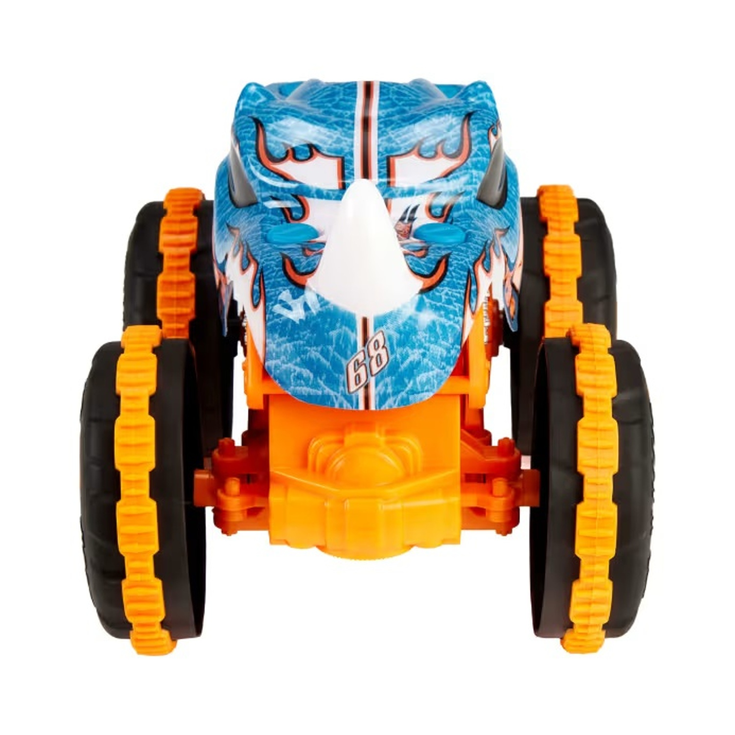 Niebieska zabawka monster truck w kształcie nosorożca, z pomarańczowym podwoziem i czarnymi kołami.
