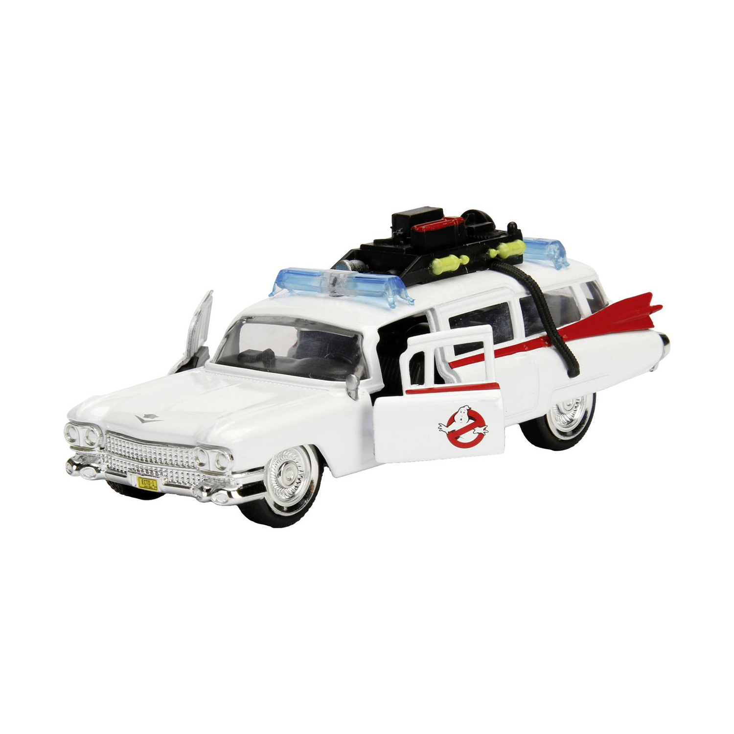 Un'auto giocattolo bianca con accenti rossi e il logo Ghostbusters.