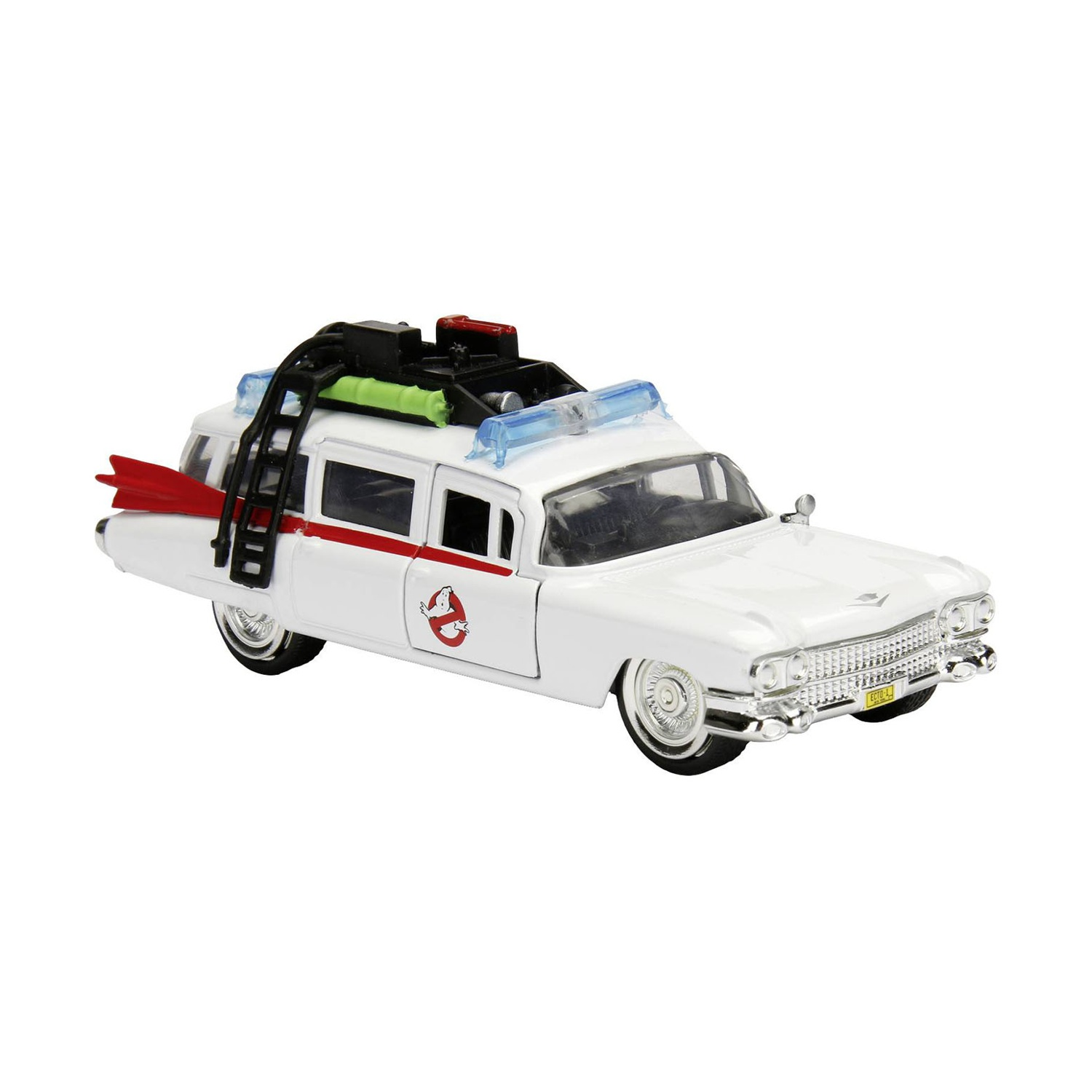 Un'auto giocattolo bianca con logo Ghostbusters, luci blu e scala.