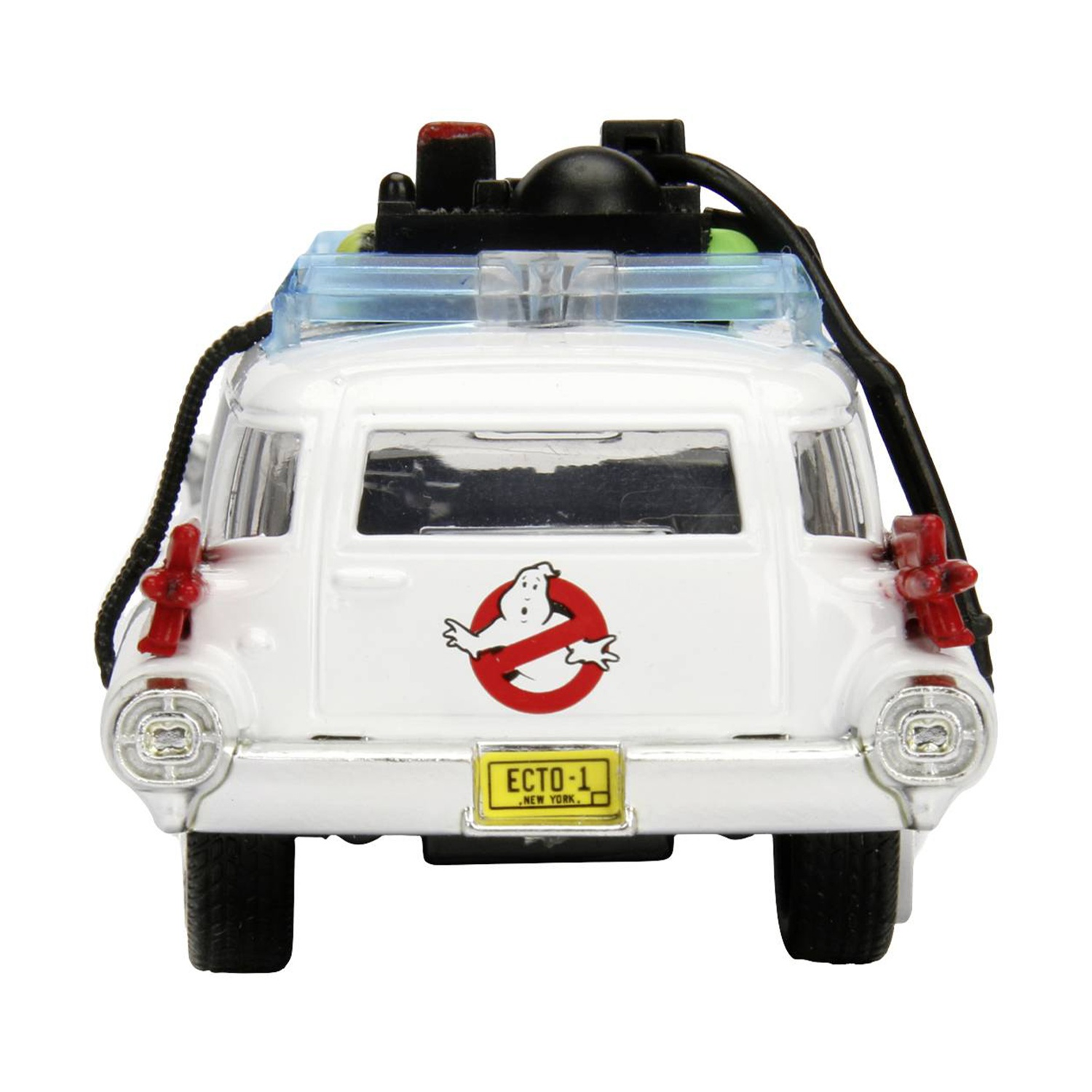 Un'auto giocattolo bianca Ecto-1 con logo Ghostbusters su sfondo bianco.
